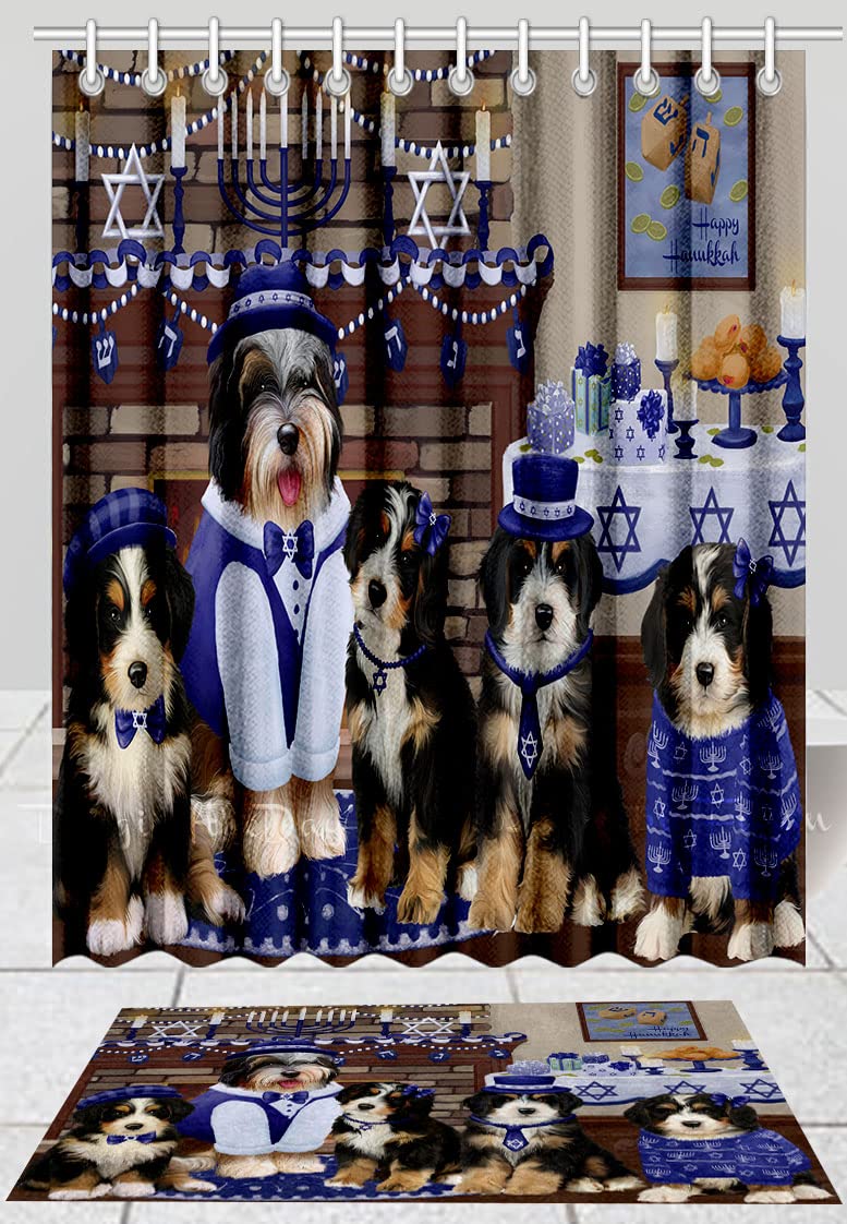 Happy Hanukkah Family Bernedoodle Dogs Bath Mat & Shower Curtain Set - Anti-Slip Bathroom Decor, Plush Rug & Polyester Bathtub Curtain with Hooks (Mat 16