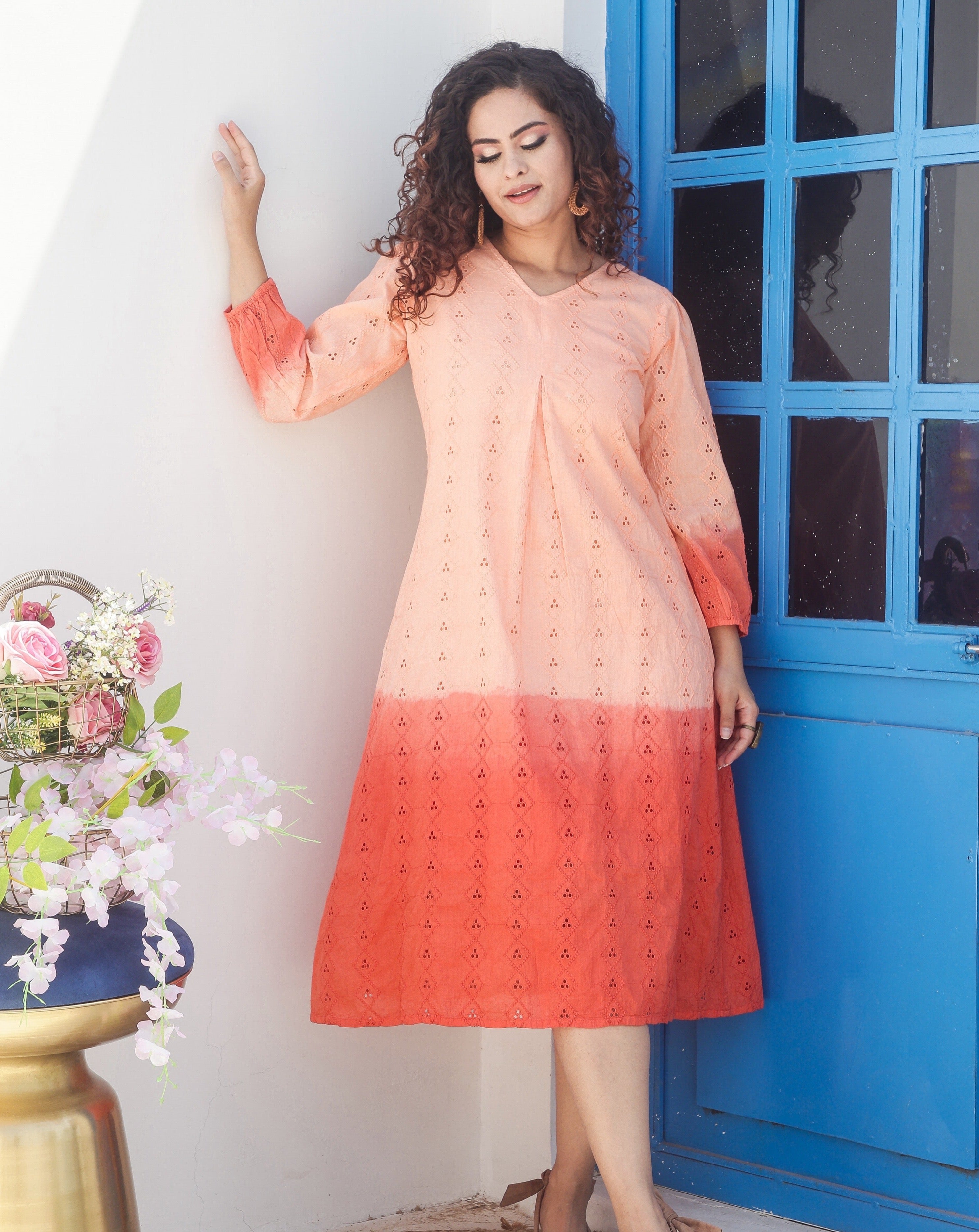 Stylish Peach Schiffli Tie-Dye Dress for Women - Boho Summer Dress for Beach, Vacation & Casual Outings