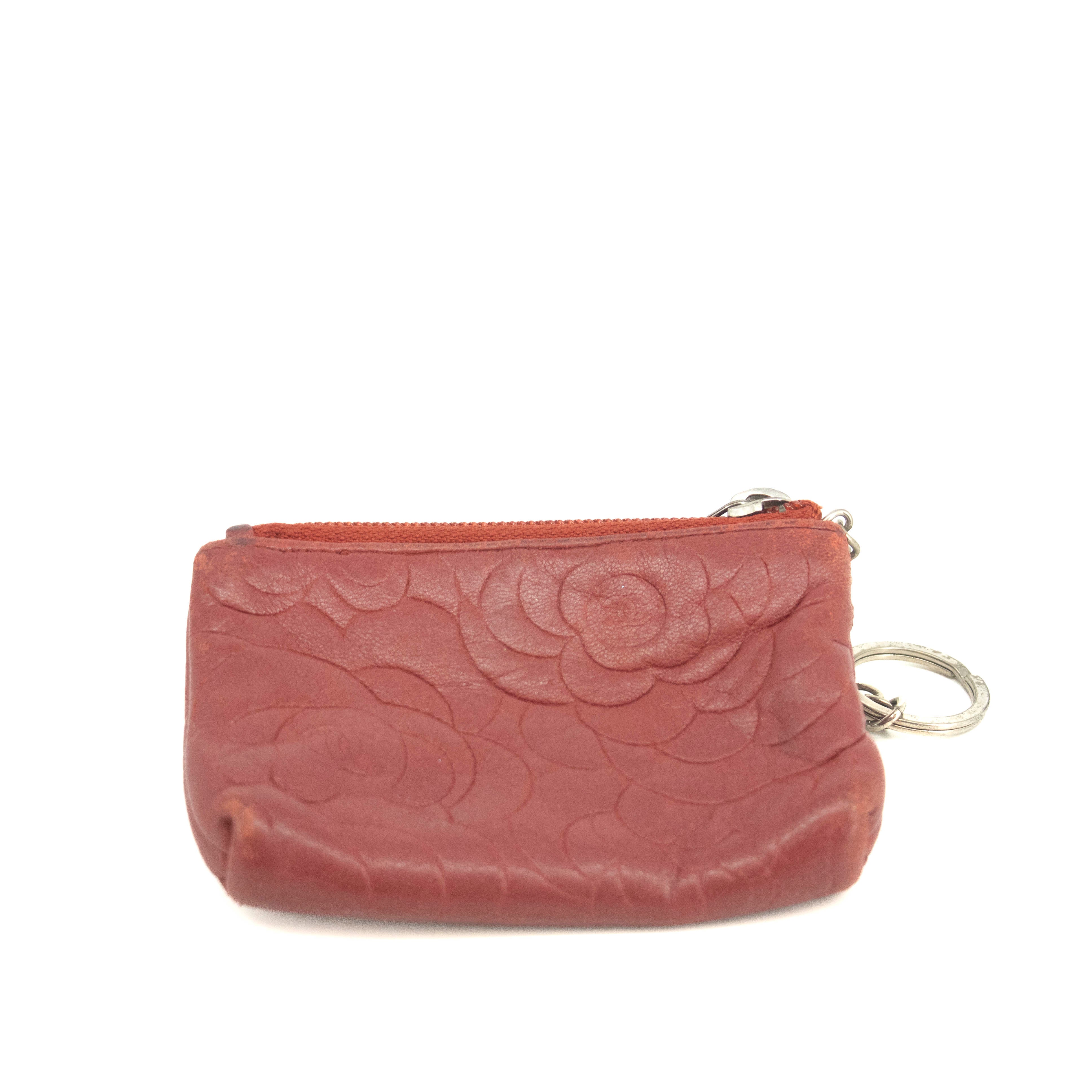 Chanel Camellia Lambskin Red Zip Pouch #3711 - Luxury Women's Wallet Clutch for Evening & Travel | Genuine Leather Fashion Accessory