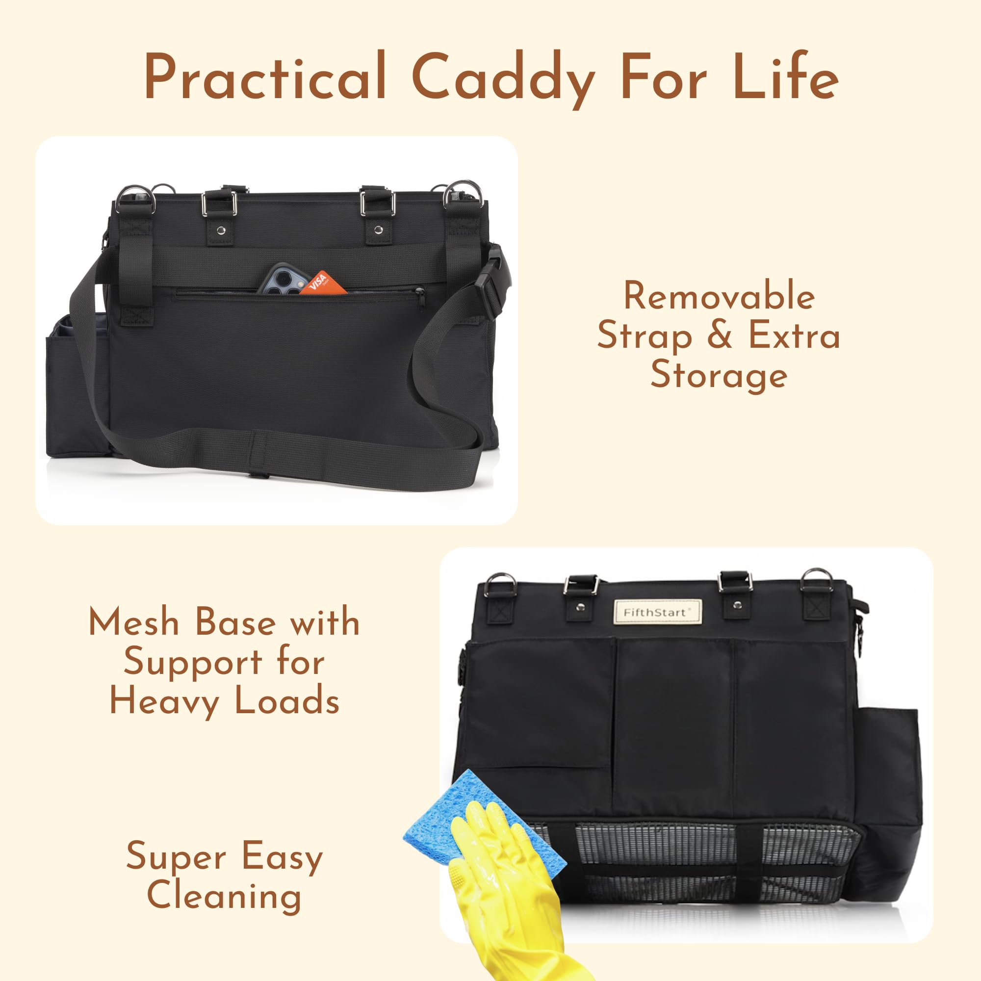 **FifthStart Multi-Purpose Cleaning Caddy with Waist & Shoulder Strap – 9-Pocket Tote Organizer for Housekeeping, Gardening, Fishing & Bathroom Storage | Adjustable Compartments, Large Black Utility Caddy with Handle | Perfect for Home, Office & Outdoor Use**