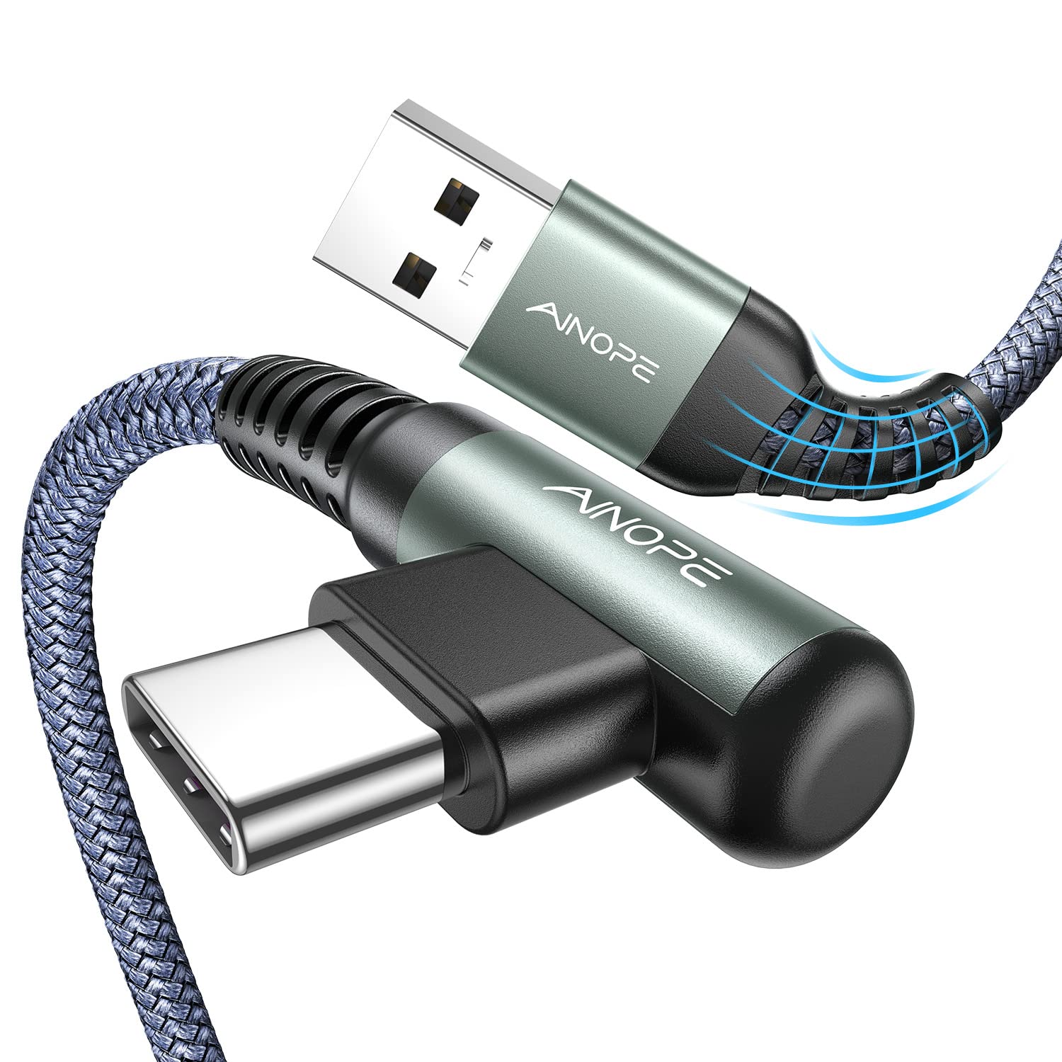 AINOPE [2-Pack, 1.6ft] USB Type C Cable Fast Charging 3.1A with Right Angle Connector - Durable Nylon Braided USB C Charger Cable for Smartphones, Tablets, Laptops - Perfect for Home, Office, Travel & Car Charging