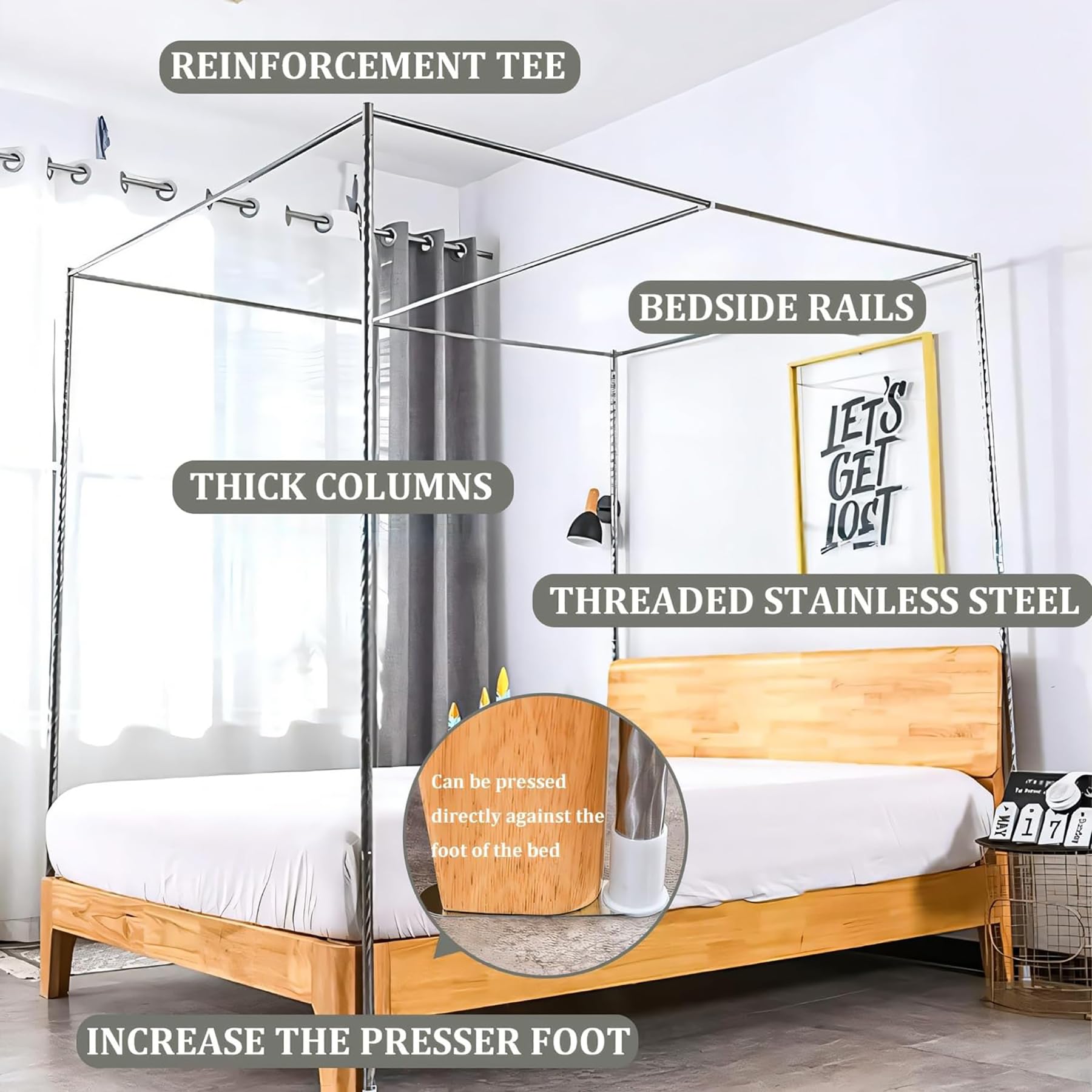 **Stainless Steel Canopy Bed Frame with 4 Corner Posts & Mosquito Net - California King/Queen Size - Elegant Bedroom Decor for Romantic & Boho Style**