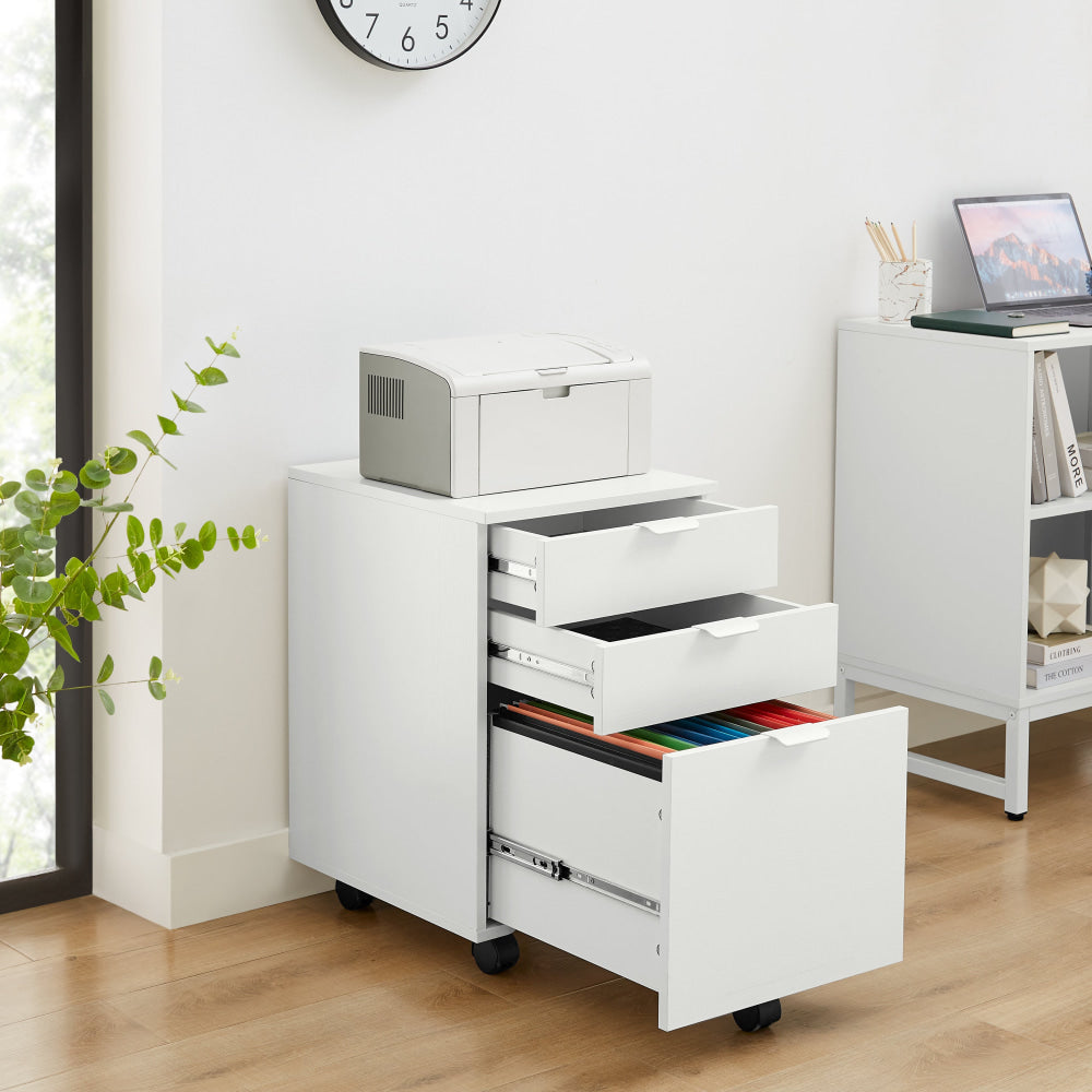 Modern 3-Drawer Mobile Pedestal File Storage Organizer Cabinet - White | Rolling Office Organizer for Files, Supplies & Stationery | Perfect for Home Office, Classroom or Workspace