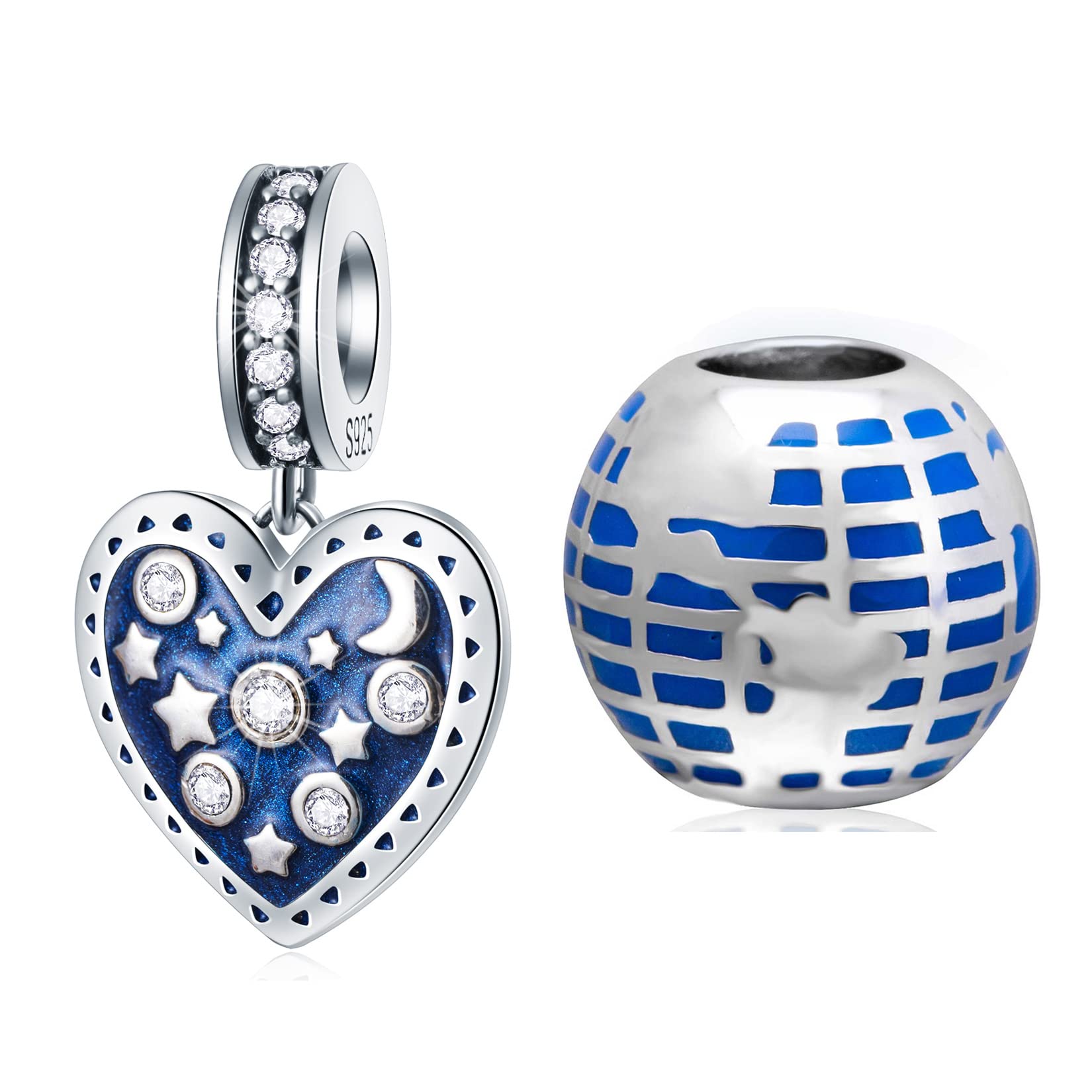GEMDAZZ Sterling Silver Valentines Charm Set - I Love You to the Moon and Back Heart & World Globe Pendant for Bracelet & Necklace | Romantic Gift for Engagement, Anniversary, Girlfriend | Perfect for Couples, Long Distance Relationships & Special Occasions
