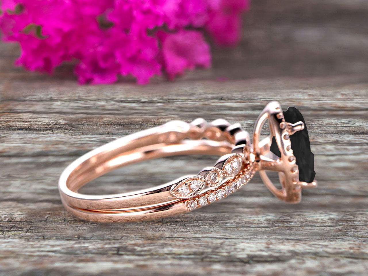 1.75 Carat Black Diamond Moissanite Wedding Set - Oval Shaped Art Deco Engagement Ring & Bridal Ring in 10k Rose Gold for Women - Perfect for Proposals, Anniversaries & Special Occasions