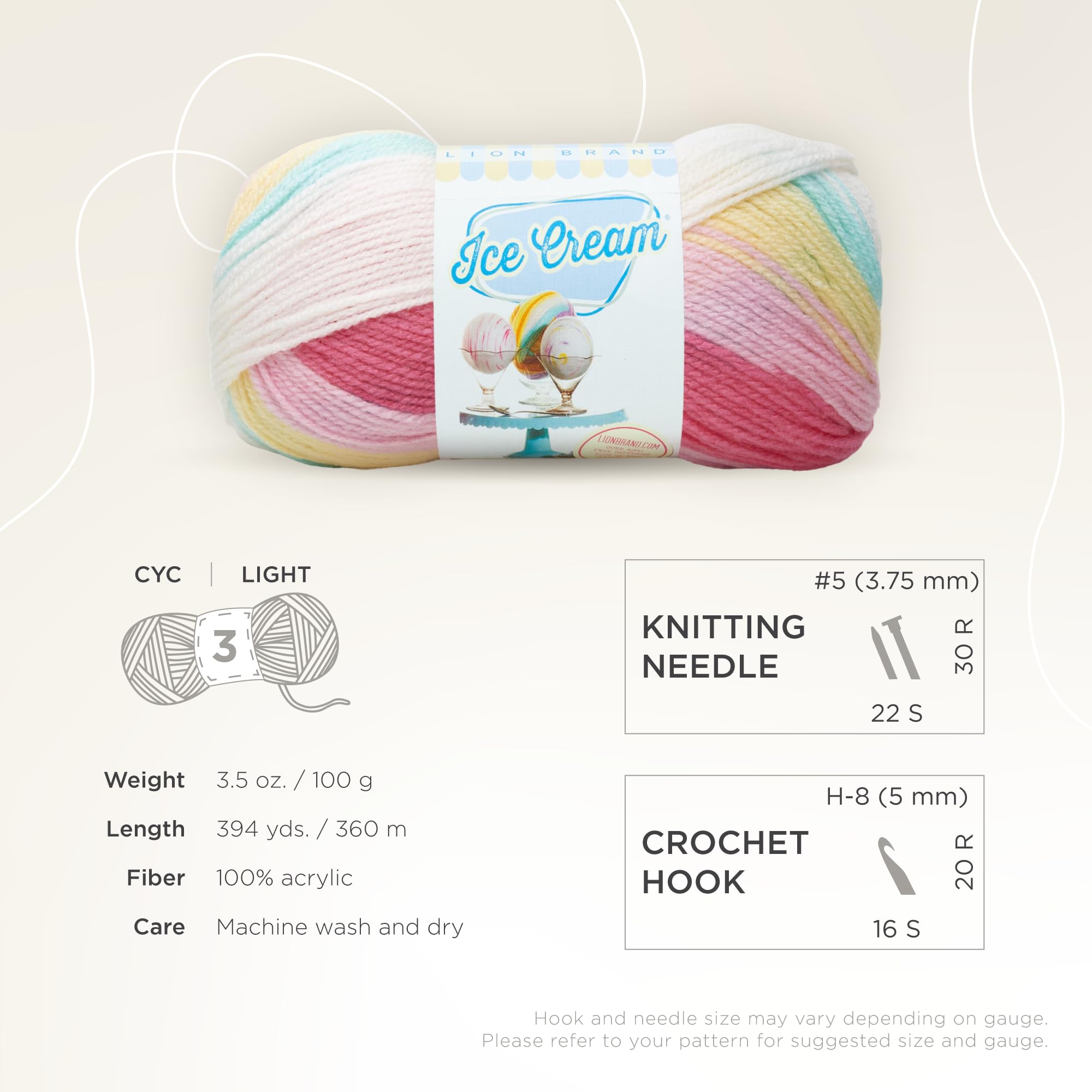 Lion Brand Yarn - 1 Skein Ice Cream Baby Yarn in Tutti Frutti Color (1182 Feet) - Soft Knitting & Crochet Yarn for Baby Blankets, Hats & DIY Crafts