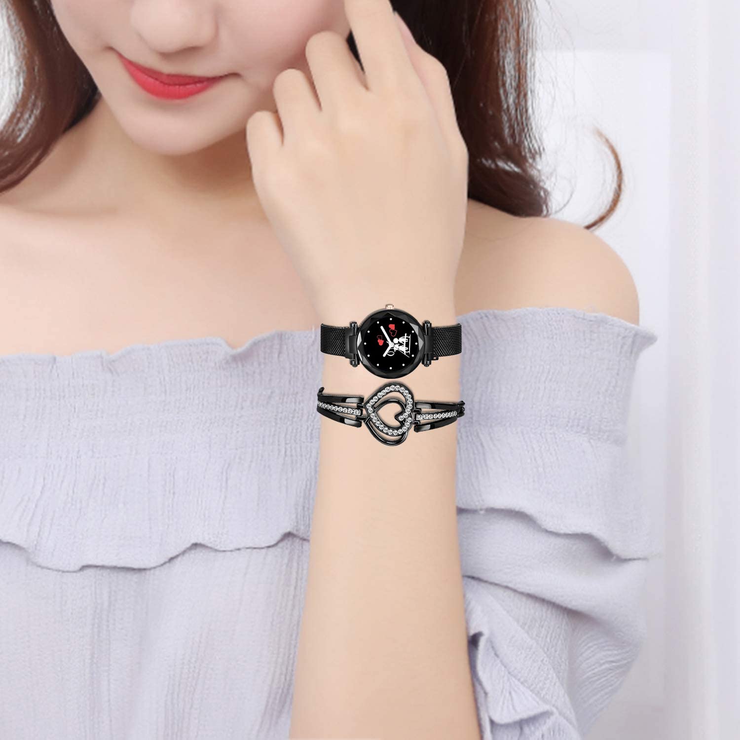 RUSTET Analog Black Dial Magnetic Watch with Gift Bracelet for Women & Girls (3-Piece Set) - Perfect for Everyday Wear, Fashion Accessories & Gift Giving