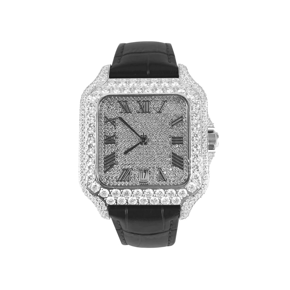 Moissanite Black Crocodile Leather Band Watch with Half Iced Bezel - 9.6 Carat Luxury Timepiece | Perfect for Formal Events, Business Meetings & Special Occasions