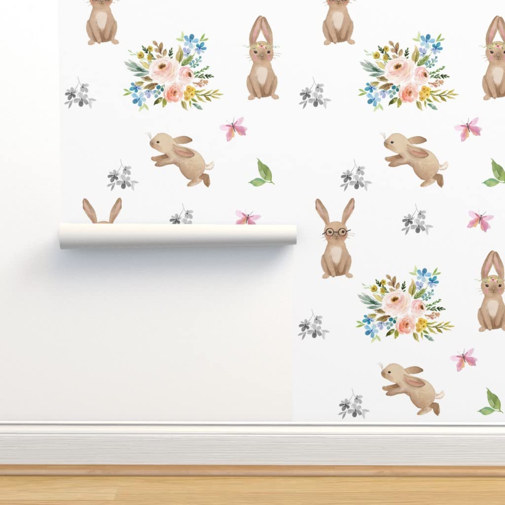 Peel & Stick Wallpaper 12ft x 2ft - Spring Bunny Floral Watercolor Design | Removable Self-Adhesive Wallpaper for Nursery, Kids Room & Easter Decor | Easy DIY Home Decor by Spoonflower