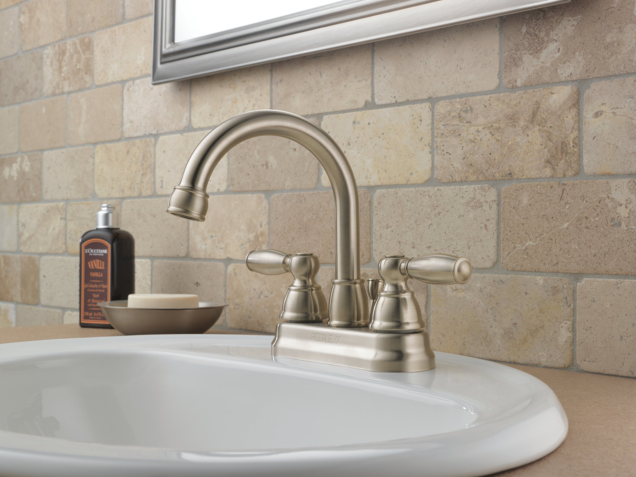 Delta Faucet Peerless Claymore Centerset Bathroom Faucet - Brushed Nickel 2-Handle Bathroom Sink Faucet with Pop-Up Drain Assembly (Model P299685LF-BN) - Perfect for Modern Bathroom Vanities and Powder Rooms