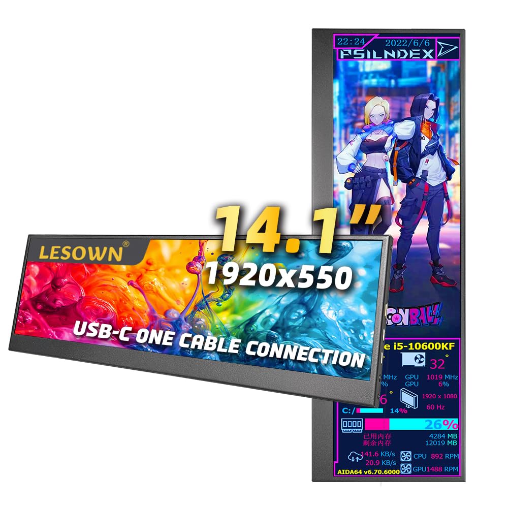 14.1 Inch Ultrawide Portable Monitor - 1920x550 IPS Screen, USB-C & HDMI Connectivity, Secondary Display for PC/Laptop - Perfect for PC Case Monitoring, Gaming, and Multi-Tasking