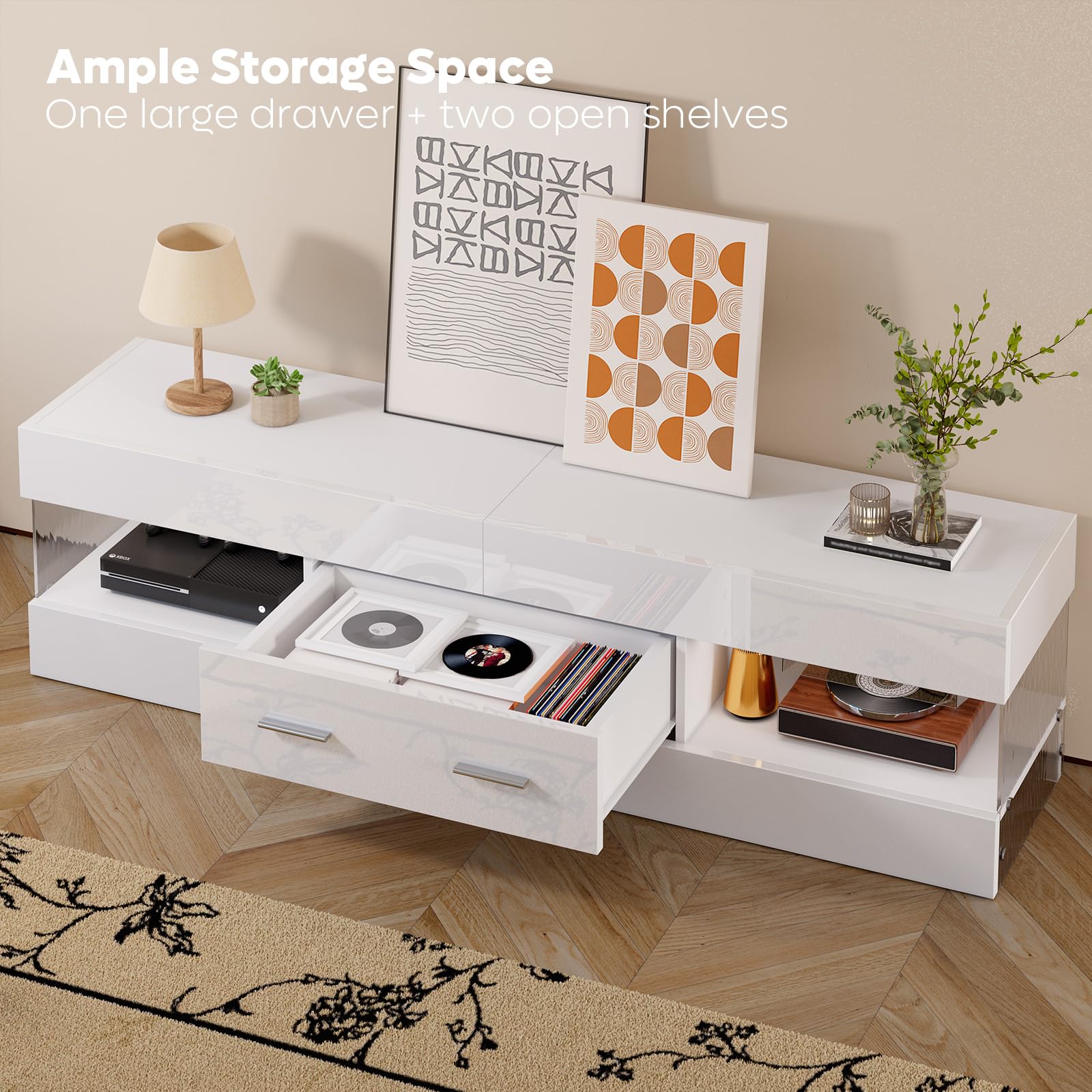 Bestier Modern TV Stand for 55-65 Inch TVs - High Gloss Entertainment Center with LED Lights, Stone-Patterned Side Panels & Large Storage Drawer - TV Console for Living Room, Bedroom (Glossy White) - Perfect for Home Theater Setup and Family Entertainment