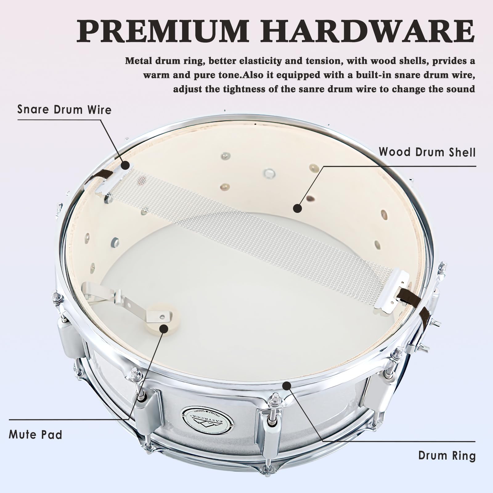 EASTROCK 14x5.5 Inch Snare Drum Set for Beginners - Includes Gig Bag, Drumsticks, Stand & Keys - Coated White Drum Head - Perfect for School Band, Practice & Live Performances