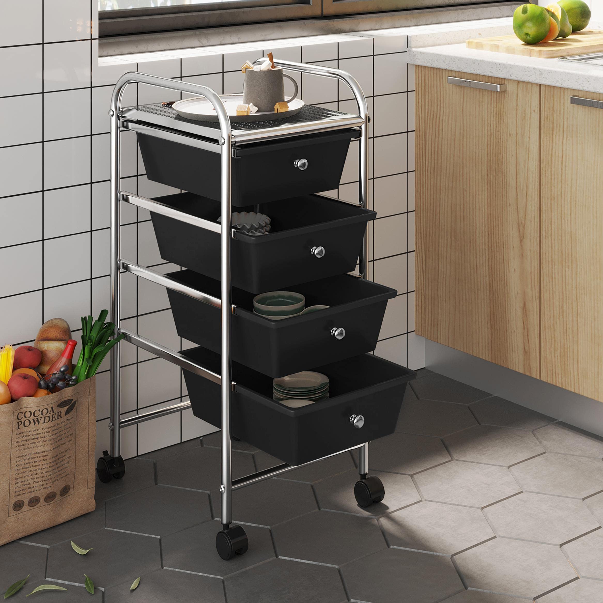 Topeakmart 4-Tier Rolling Storage Cart with Removable Drawers - Plastic Mobile Organizer Utility Cart with 360° Swivel Castor Wheels - Perfect for Craft Room, Kitchen, Office, Bathroom & Garage Storage - Black