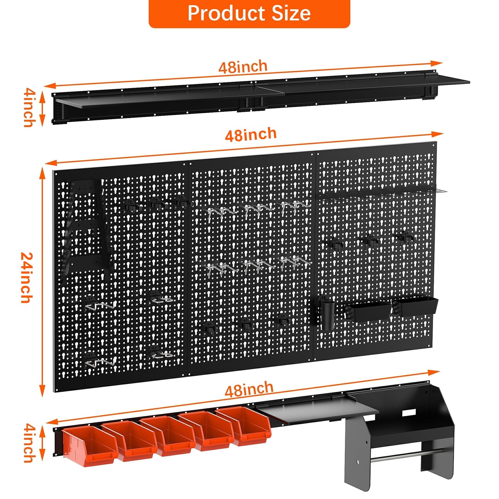 TORACK 4ft Metal Pegboard Wall Organizer - Heavy Duty Garage Tool Storage System with Wall Mount Bins, Shelves & Accessories | Perfect for Workshop, Garage & DIY Projects (Black)