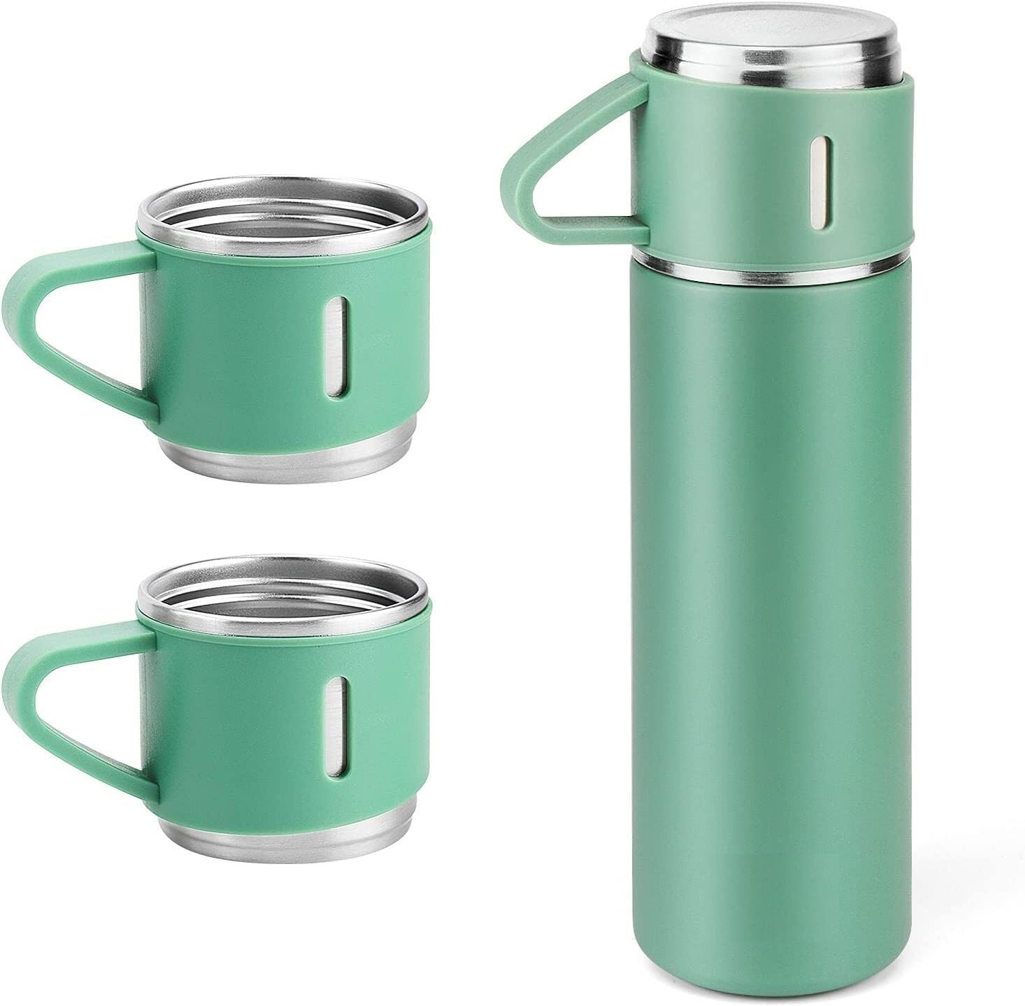 Premium Stainless Steel Vacuum Flask Set - 2 Insulated Cups & Leakproof Bottle for Hot/Cold Coffee, Tea, Water - Perfect for Home, Office, Camping & Travel - Great Gift Idea (Green)