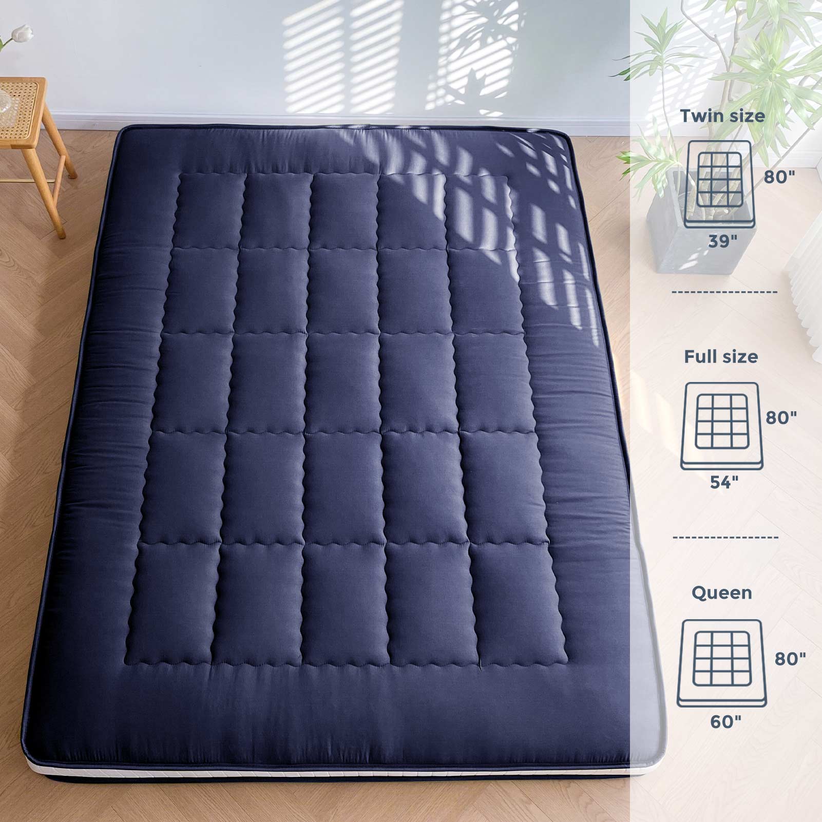 MAXYOYO 6 Extra Thick Japanese Futon Mattress - Rectangle Quilted Floor Bed for Family & Guests, Navy Blue - Perfect for Small Spaces, Guest Rooms & Minimalist Home Decor