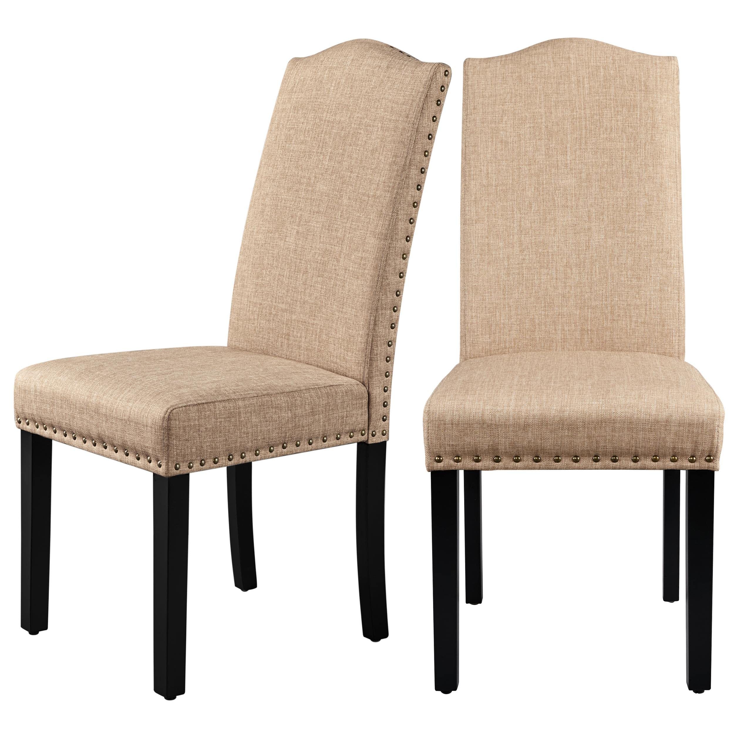 Yaheetech Set of 2 Upholstered Parsons Dining Chairs with Rubber Wood Legs & Nailhead Trim - Fabric Side Chairs for Kitchen, Living Room & Dining Room - Comfortable Seating for Family Meals, Entertaining Guests & Home Decor (Khaki)