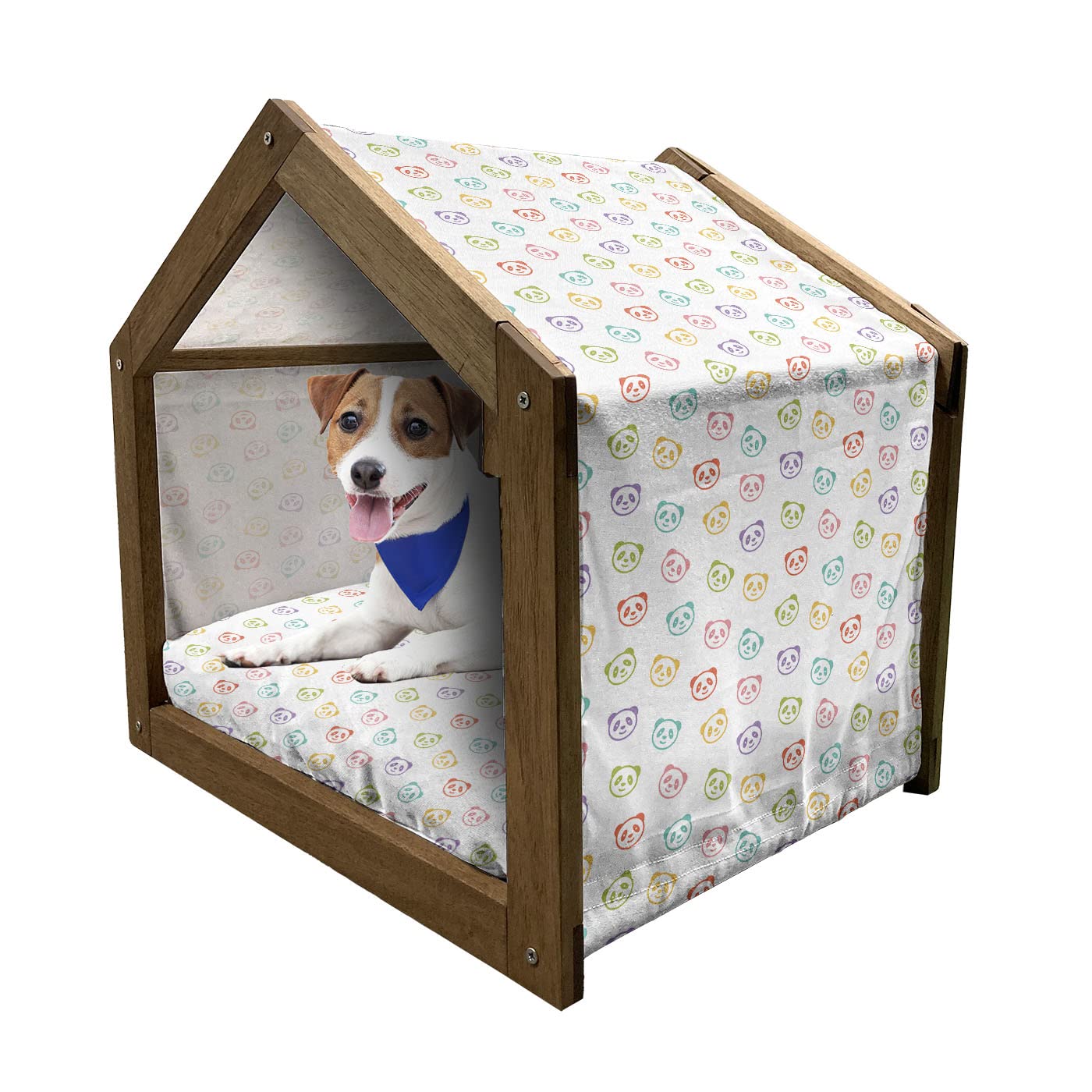 Ambesonne Wooden Pet House for Dogs & Cats - Funny Panda Bear Design with Colorful Animals & Cheerful Smile Pattern - Indoor & Outdoor Portable Dog Kennel with Removable Pillow & Cover - Large Size, Multicolor - Perfect for Home, Yard, and Travel Use