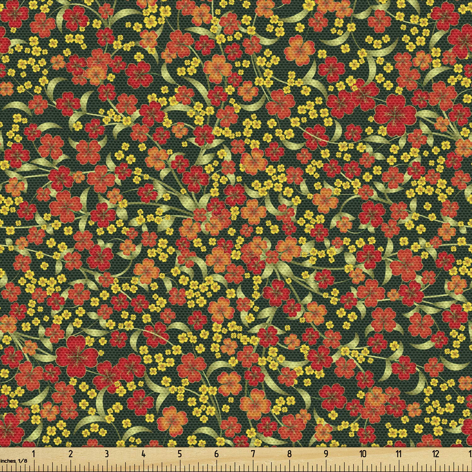 Ambesonne Floral Fabric by The Yard - Spring Botanical Print with Scattered Flowers, Dark Green & Pink Decorative Fabric for Upholstery, Curtains, DIY Crafts - 1 Yard Home Decor Material | Perfect for Sofa Covers, Pillowcases & Table Runners