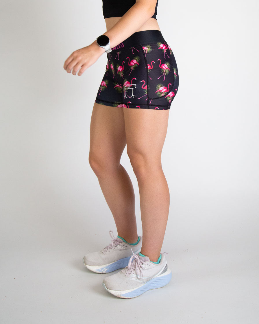 Women's High Waist 3-Pack Flamingo Print Compression Shorts - Moisture Wicking Workout & Yoga Leggings for Running, Gym & Activewear