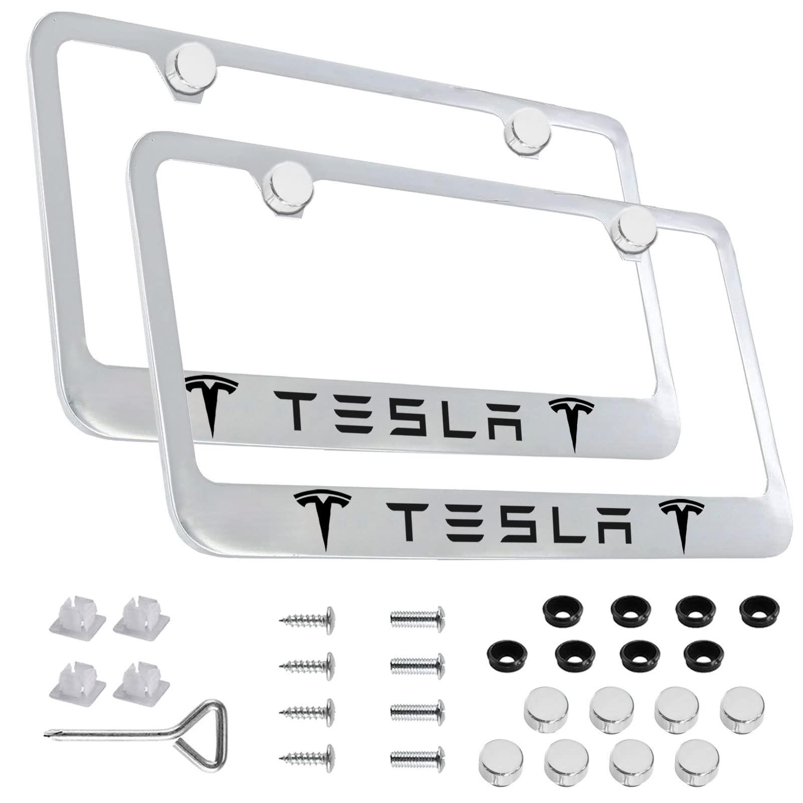 2 Pack Tesla License Plate Frames - Durable Stainless Steel Front & Rear License Plate Covers for Model 3/Y/S/X - Perfect for Car Shows, Daily Driving & Customization