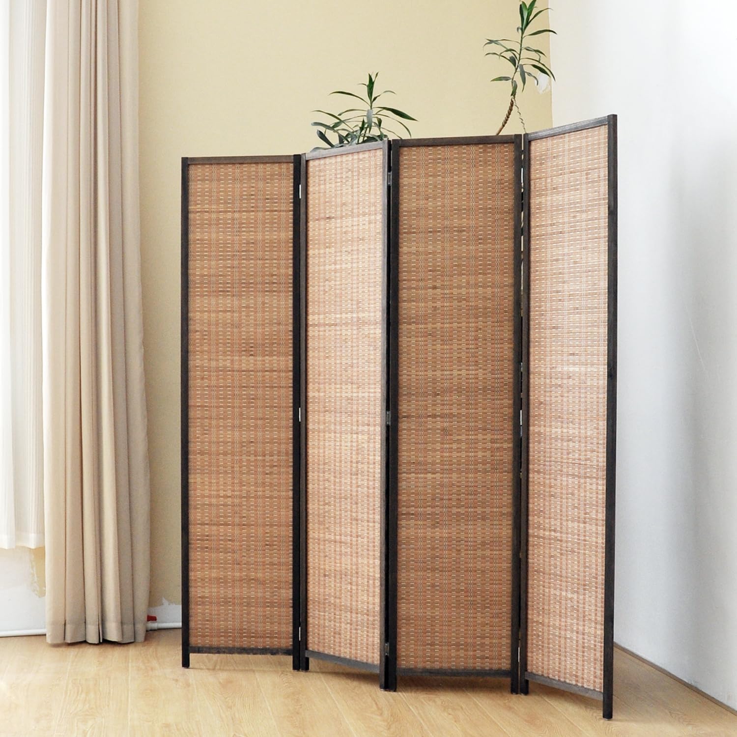 5.6 FT Tall 4-Panel Bamboo Room Divider Screen - Freestanding Folding Privacy Partition for Home, Office & Bedroom - Natural Brown Room Separator for Indoor Spaces, Yoga Studios and Event Decor