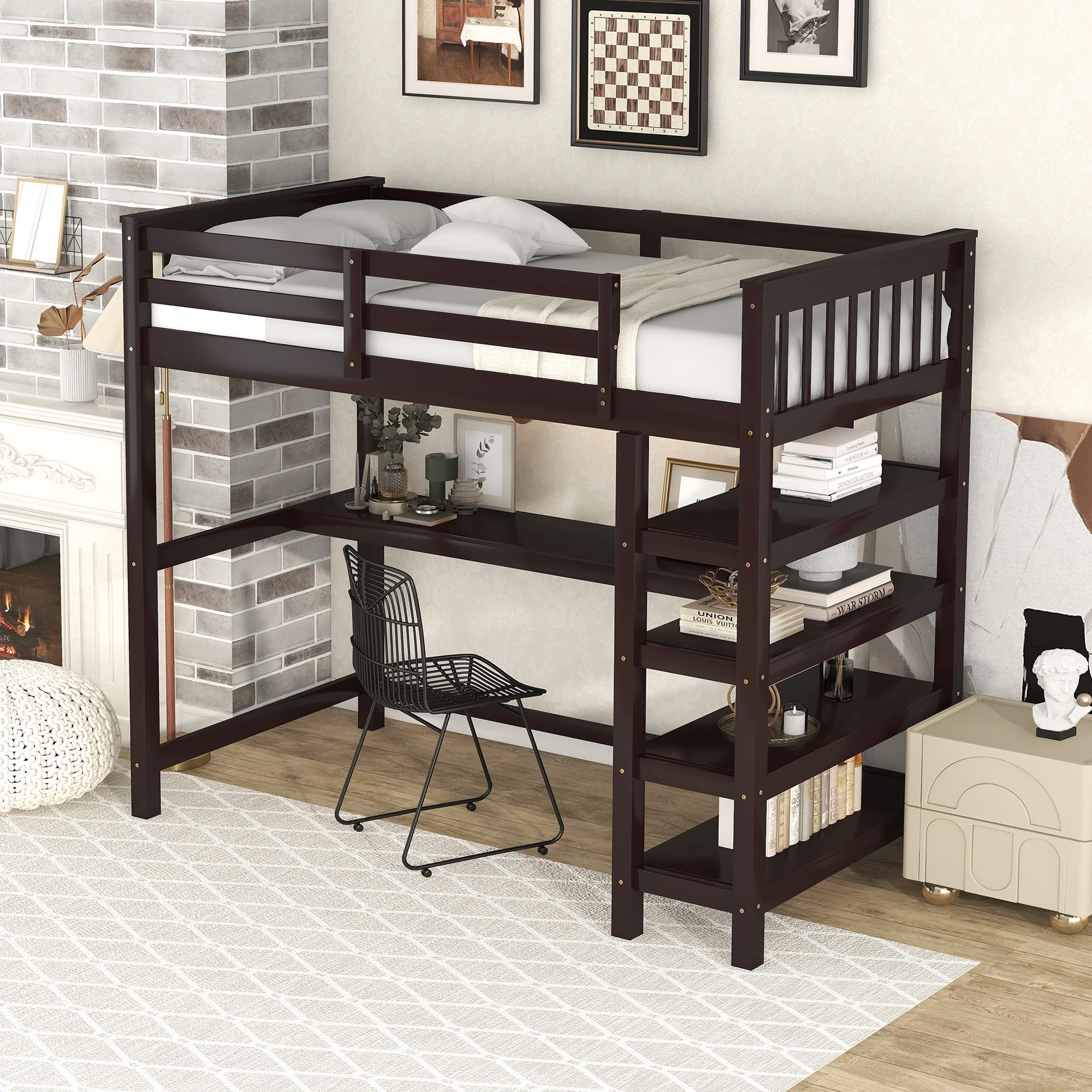 Bellemave Twin Loft Bed with Desk & Bookshelf - Wooden Bunk Bed with 4 Storage Shelves for Kids, Teens, Boys & Girls - Space Saving Dorm Furniture for Small Rooms (Espresso Finish) - Perfect for Bedrooms, College Dorms & Studio Apartments