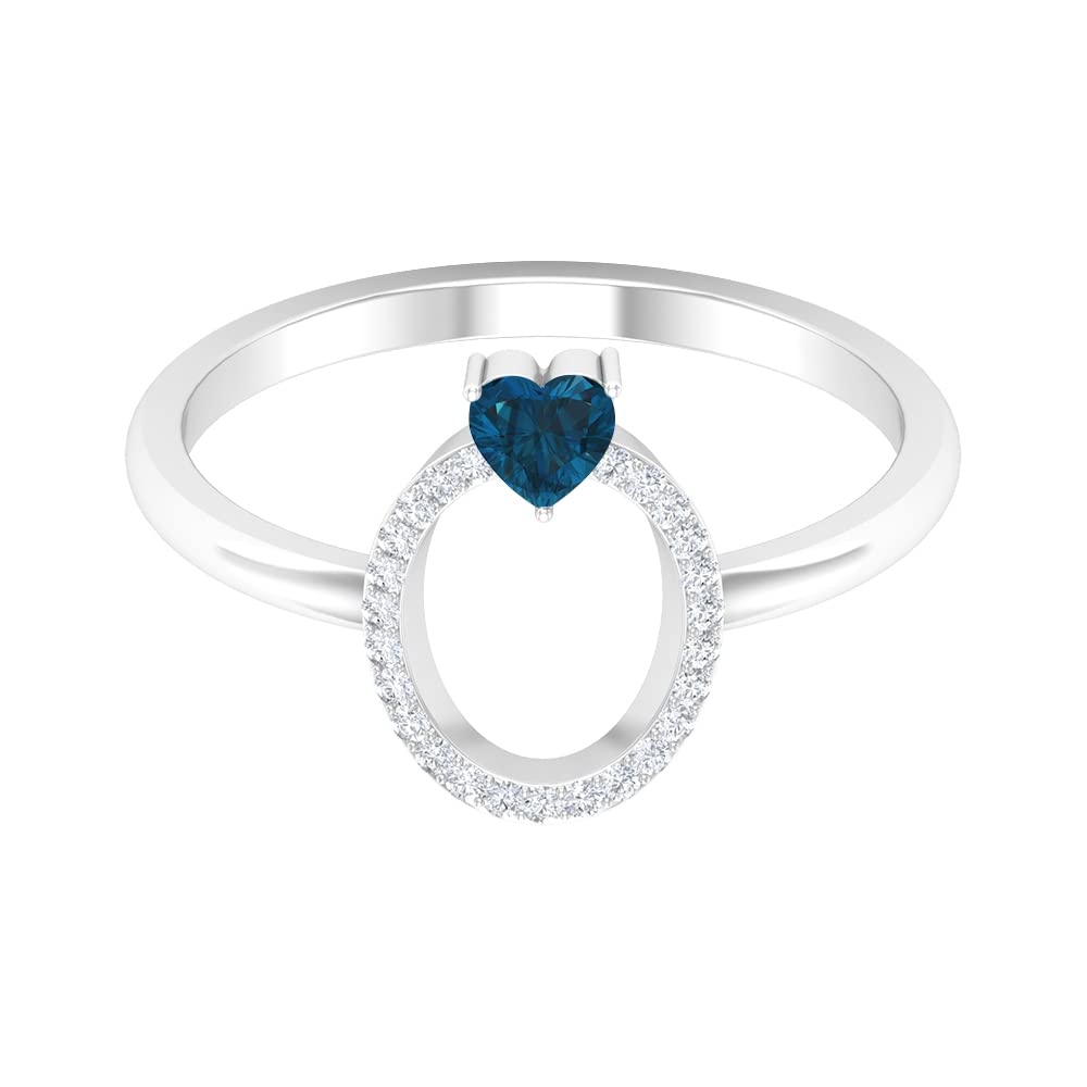 London Blue Topaz & Diamond Rings | Diamond Alphabet A-Z Initial Rings for Women | 14K White Gold Heart Rings | Perfect for Engagements, Anniversaries & Gifts