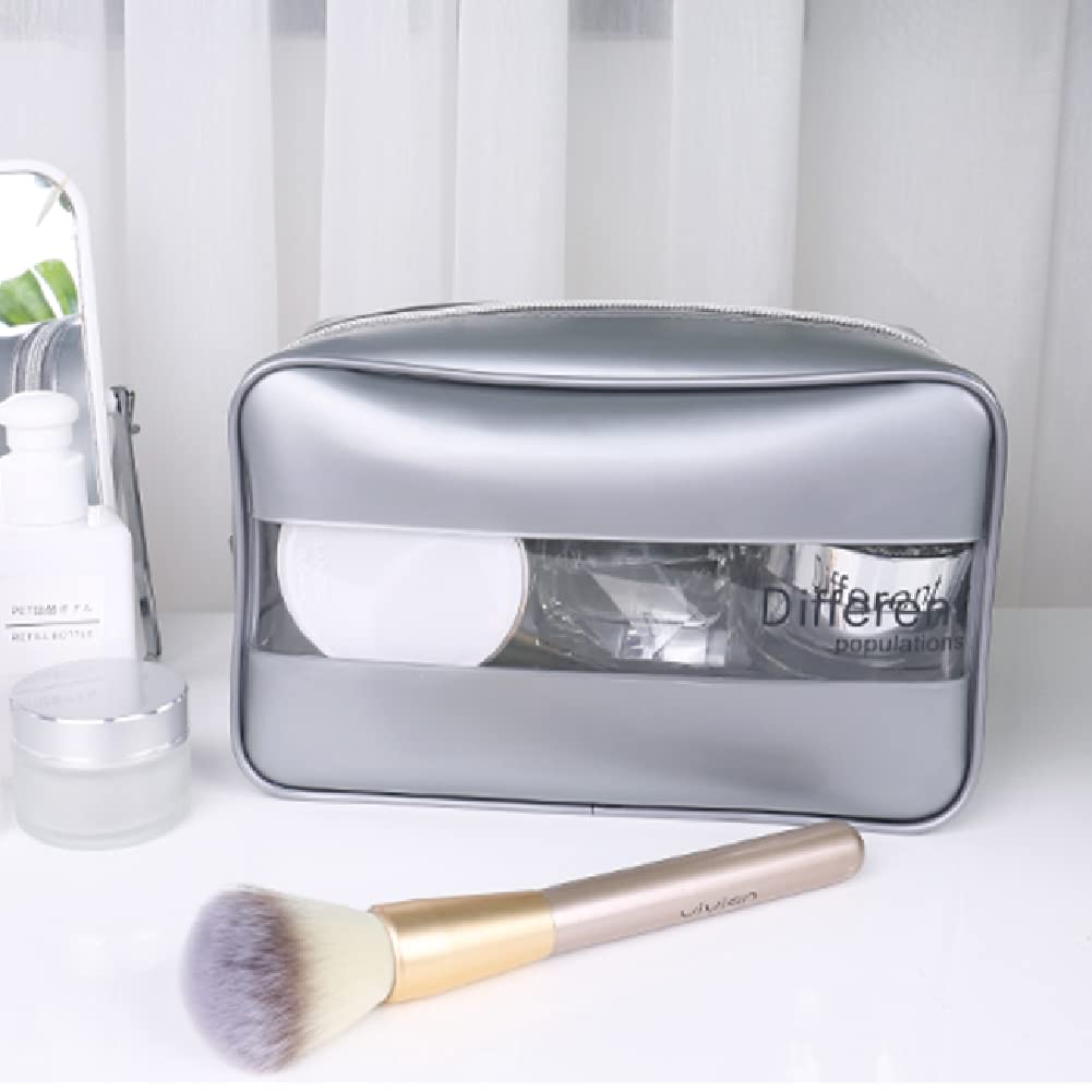 BrainKer Travel Toiletry Makeup Bag - Clear Silver Grey PVC Cosmetic Organizer with Zipper | Waterproof Makeup Pouch for Women & Men | Perfect for Travel, Gym & Daily Use