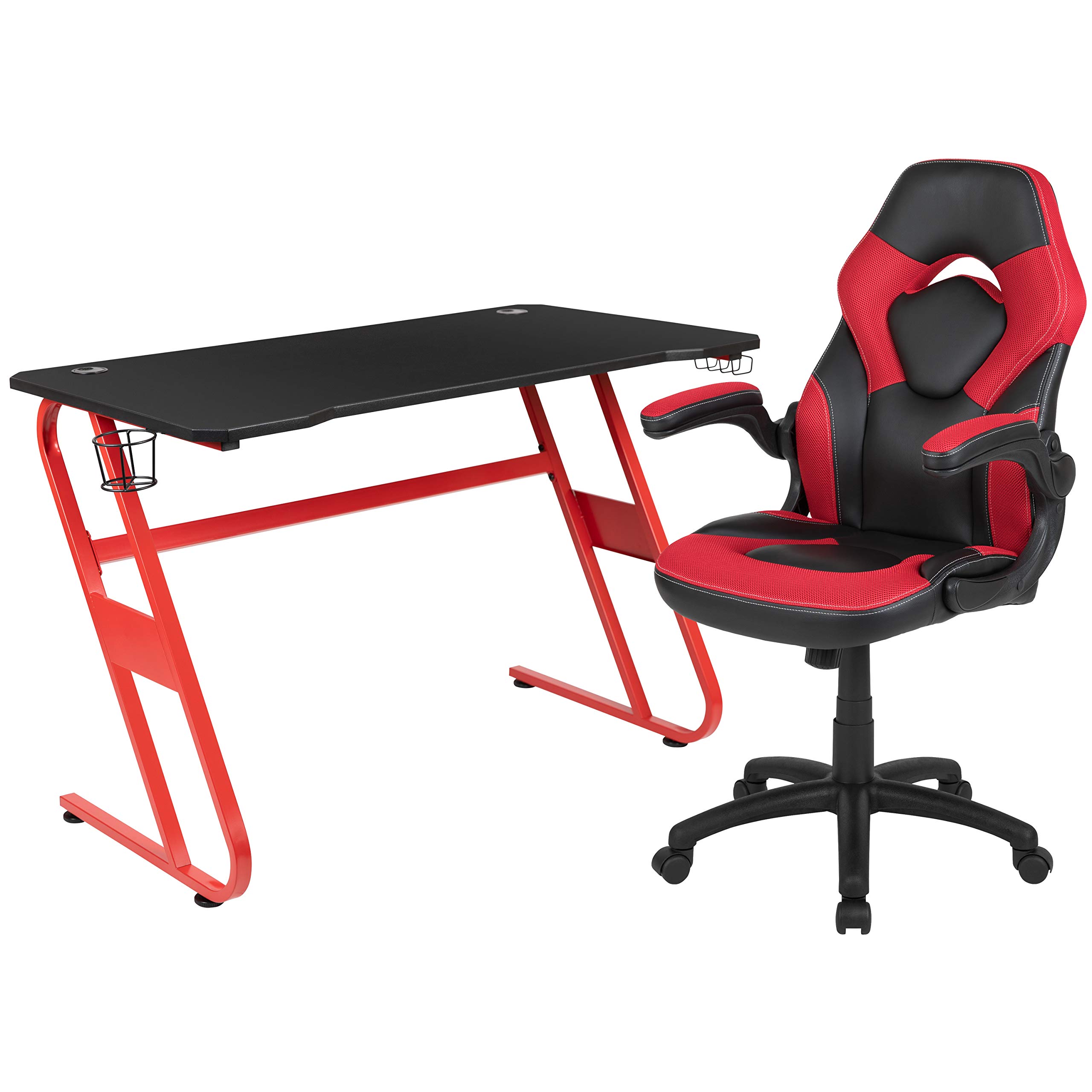 Flash Furniture Red Gaming Desk & Racing Chair Set with Cup Holder & Headphone Hook - Perfect for PC Gaming, Streaming & Home Office Setup