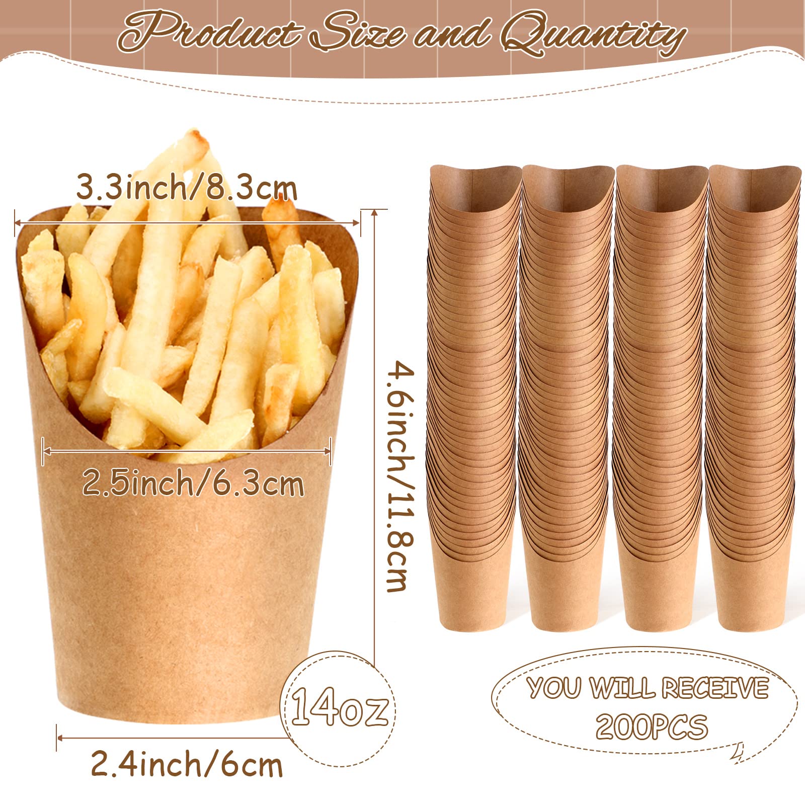 14 oz Disposable Kraft Paper French Fries Holder - 200 Pack Brown Food Cones for Waffles, Popcorn, Ice Cream & Party Snacks | Perfect for Weddings, Birthday Parties & Takeout Restaurants