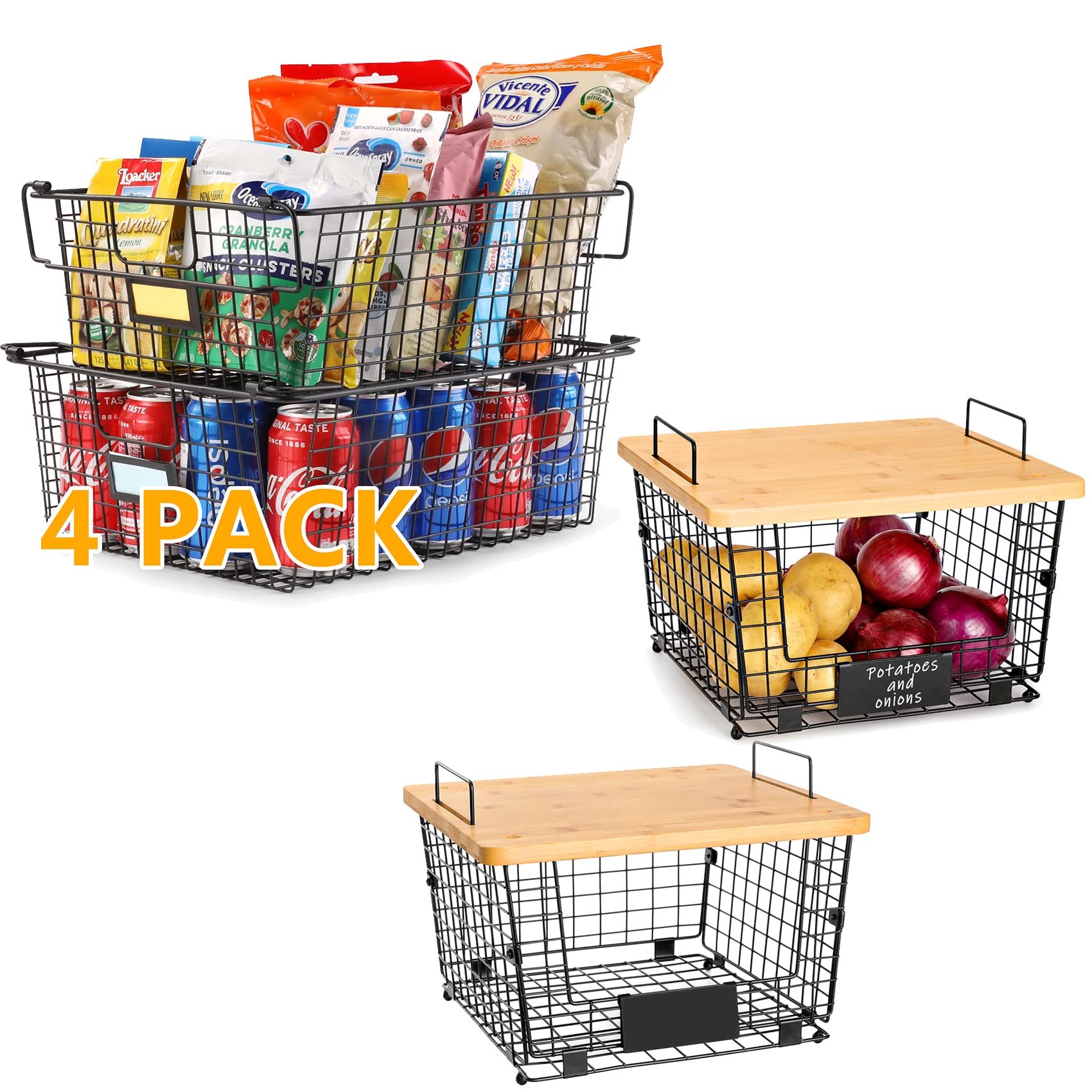 4-Pack Extra Large Stackable Wire Baskets & 2-Piece Kitchen Counter Organizer with Bamboo Top - Pantry Storage Solution for Fruits, Vegetables, Onions, Potatoes | Perfect for Kitchen Organization, Countertop Display, and Pantry Decluttering