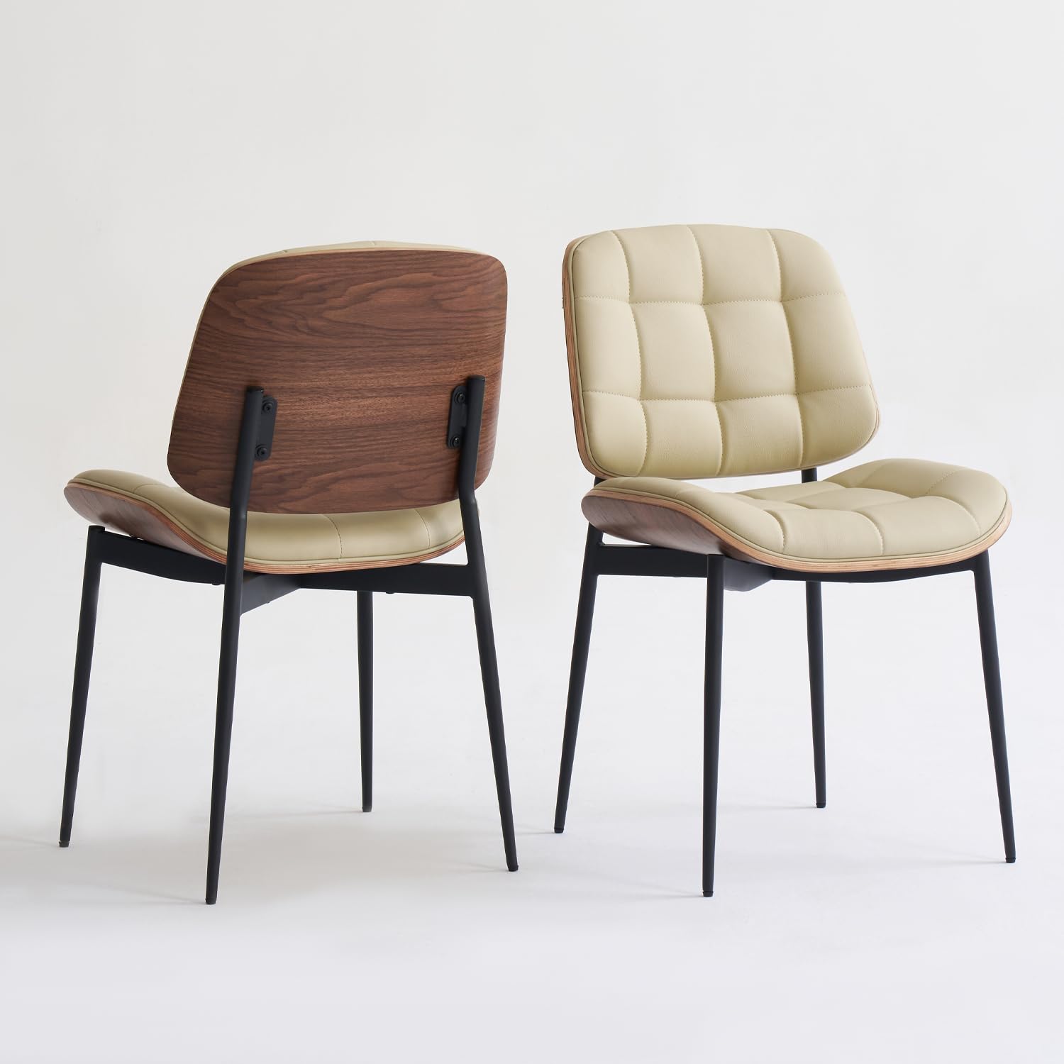 Mid Century Modern Dining Chairs Set of 4 - Walnut Grain Back, Beige Faux Leather Upholstery, Checkered Soft Cushion & Adjustable Foot Pads - Elegant Kitchen & Dining Room Chairs for Home, Restaurant or Cafe