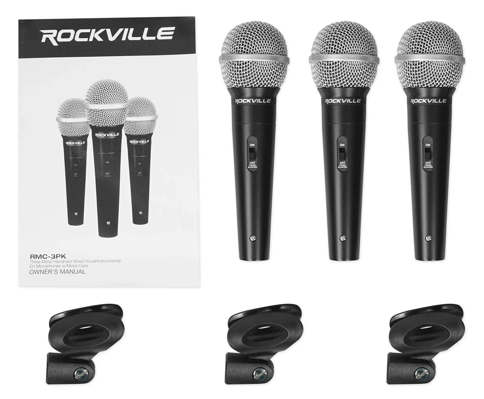 Rockville 3-Pack Professional Metal Dynamic Microphones with Carrying Case & Boom Stands - Perfect for Live Performances, Studio Recording & Podcasting