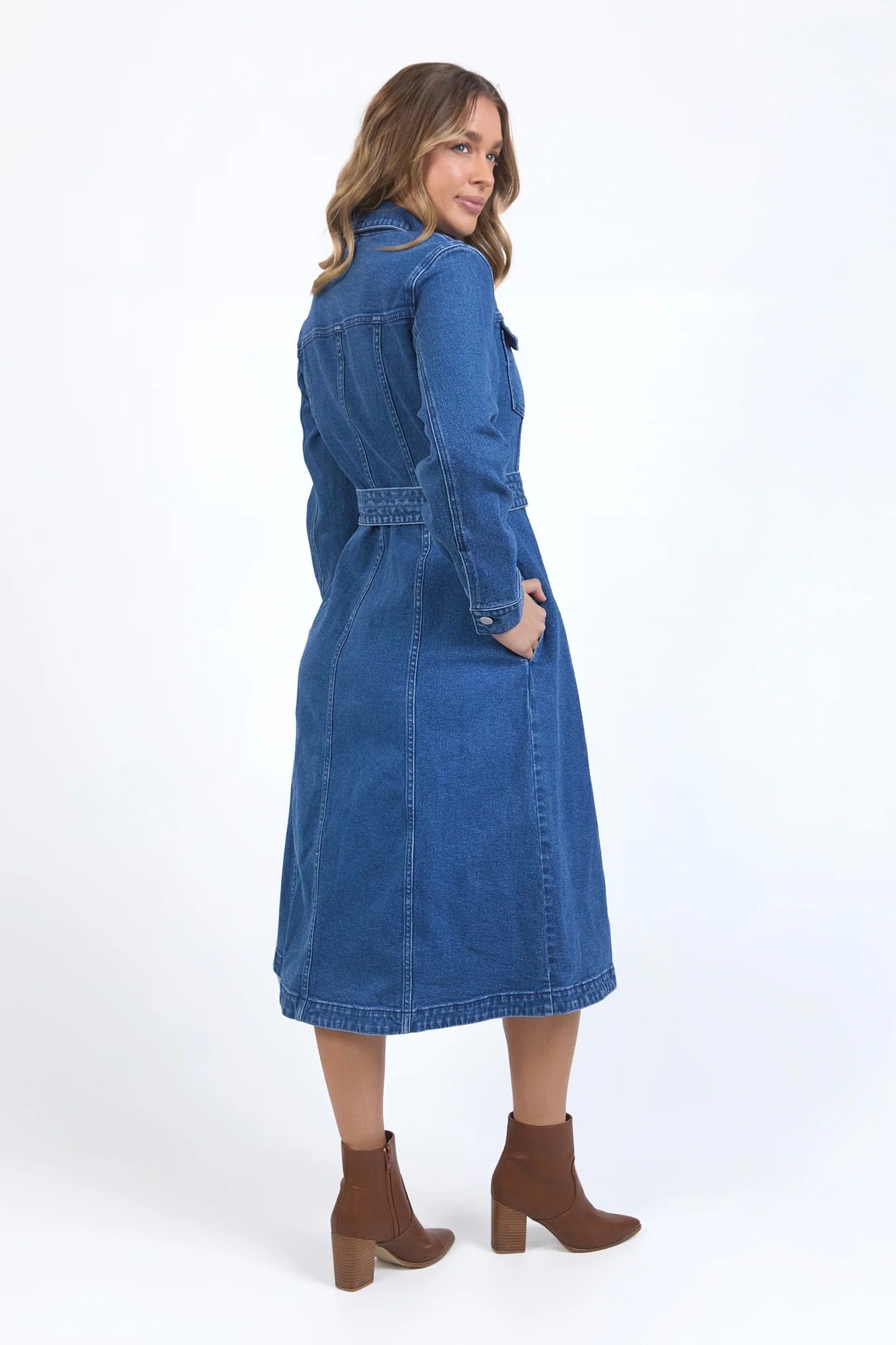Genevieve Mid Blue Long Sleeve Denim Midi Dress for Women | Casual & Office Wear | Perfect for Spring & Fall Outfits