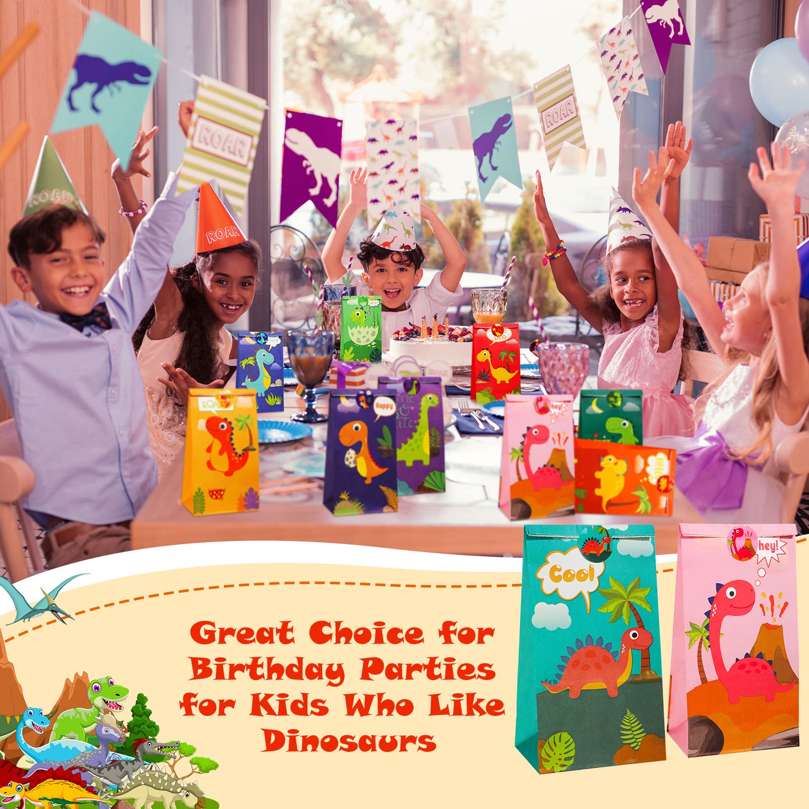 30 Pack Dinosaur Party Favor Bags with Matching Stickers - Dino Themed Treat Bags for Kids Birthday, Baby Shower & Graduation Parties - Perfect for Candy, Goodies & Small Gifts (Classic Design)