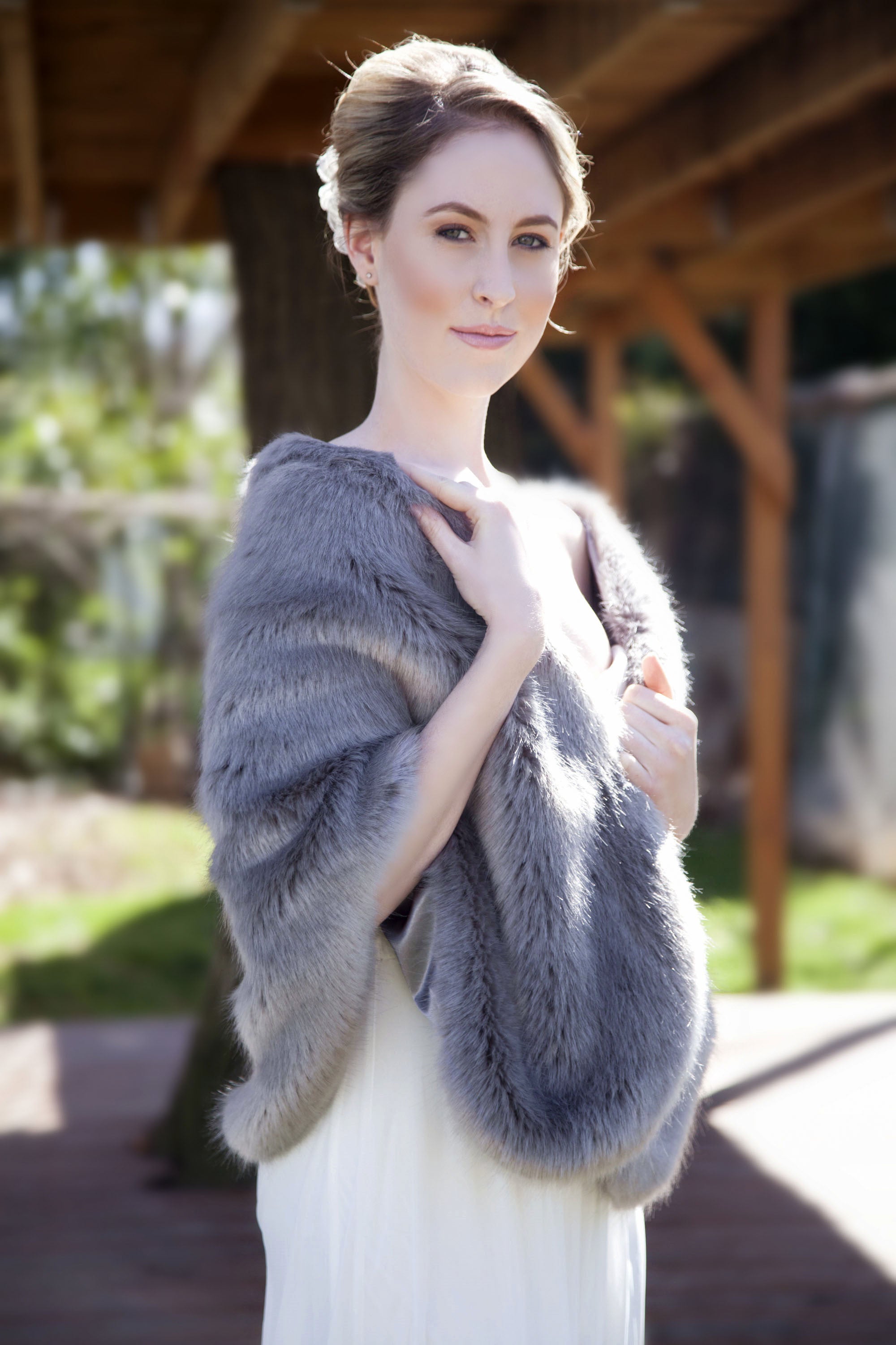 Grey Faux Fur Shawl with Hooks & Eyes - Butterfly Gry07 - Elegant Winter Wrap for Women, Perfect for Parties, Weddings & Cold Weather Fashion