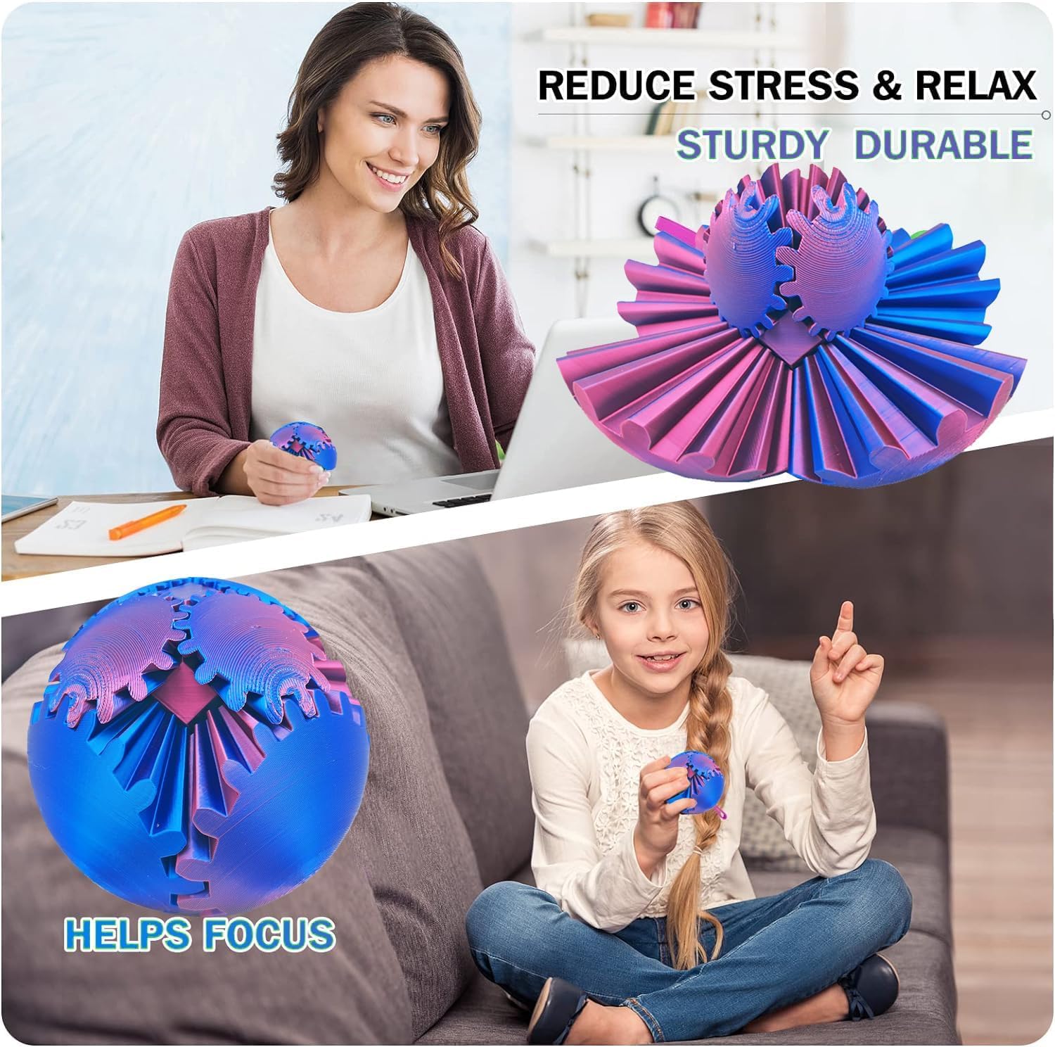 3D Printed Gear Ball Fidget Toy - Stress Relief & Anxiety Relief Desk Toy for Adults & Kids - Perfect for Office, Home, and Classroom Use