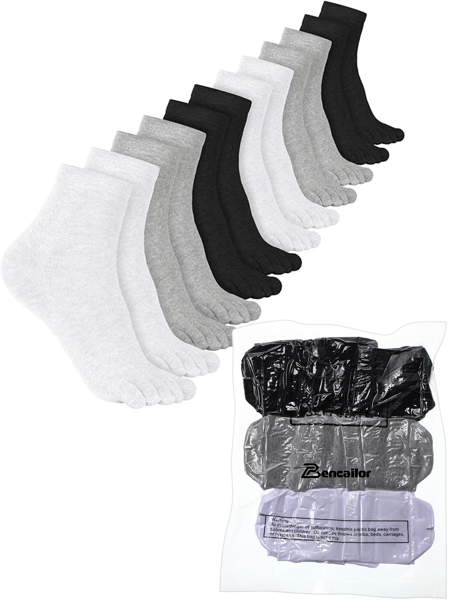 Bencailor 6 Pairs Women's Cotton Breathable Toe Socks - Compression Crew Five Toe Socks for Women & Men - Perfect for Running, Yoga, and Athletic Activities
