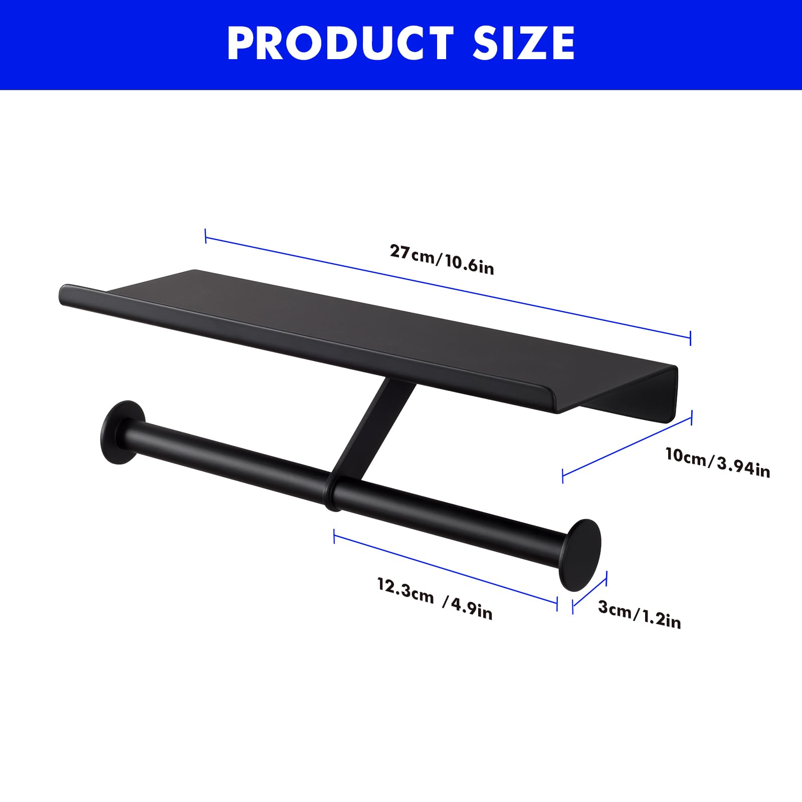 Double Toilet Paper Holder with Shelf - Stainless Steel Wall Mount Commercial TP Roll Holder for Bathroom & Restroom - Matte Black - Perfect for High Traffic Areas & Modern Home Bathrooms