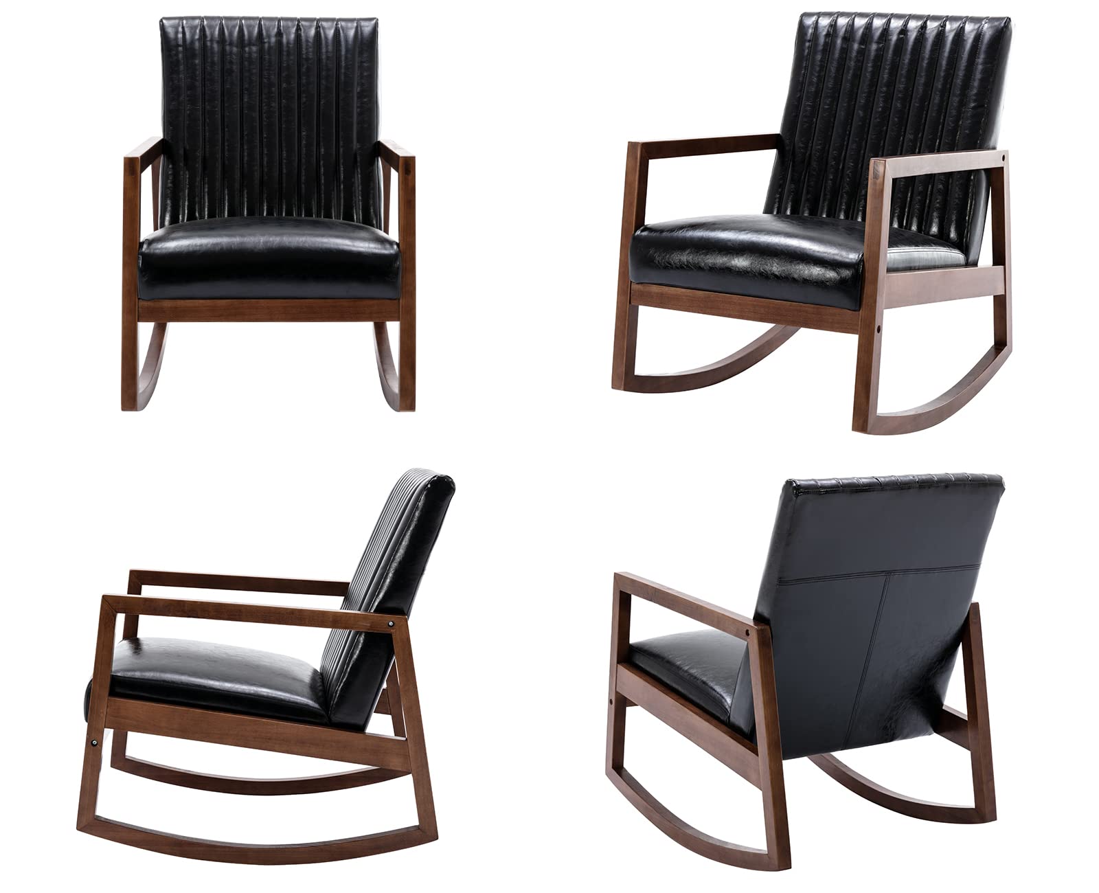 VESCASA Mid-Century Modern Upholstered Rocking Chair - Channel-Tufted Back, Oil Wax PU Leather & Black Walnut Wood Frame - Comfortable Nursery, Living Room, Bedroom Rocker (Black) | Perfect for Nursing, Relaxing & Home Decor