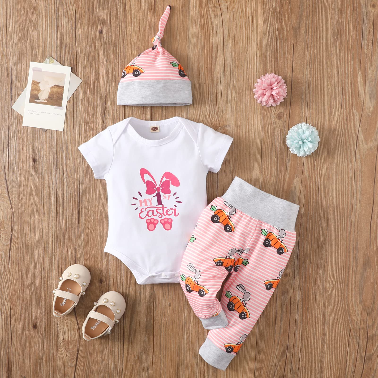 My 1st Easter Outfit for Baby Boys & Girls - 3Pc Set with Bunny Print Romper, Long Pants & Hat (Pink, 6-12 Months) - Perfect for Easter Celebrations, Spring Photoshoots & Summer Outings