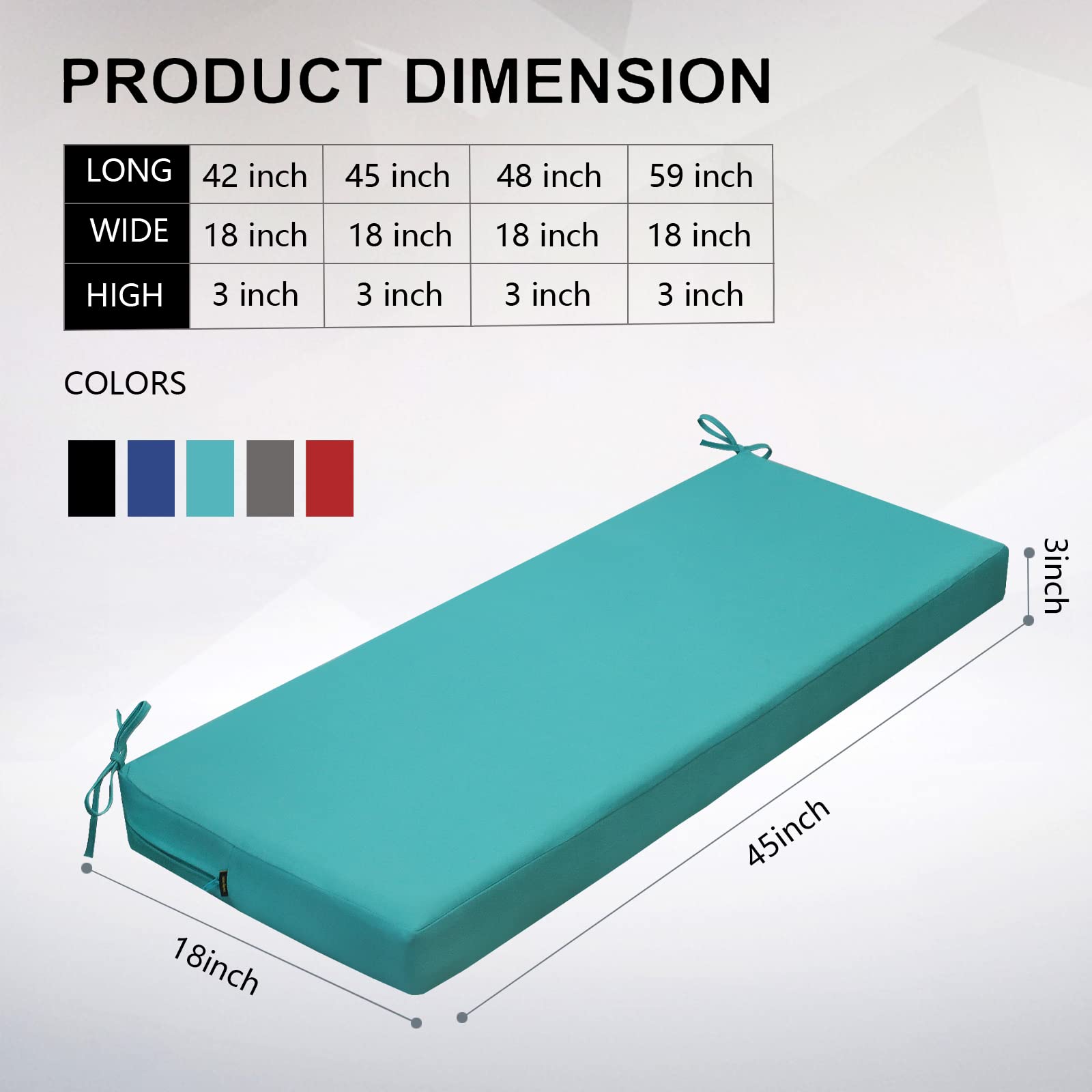 Waterproof Outdoor Bench Cushion 45x18 Inch - Replacement Seat Pad for Patio Furniture, Garden Swing & Porch with Ties - Peacock Blue - Perfect for Backyard, Deck & Outdoor Relaxation