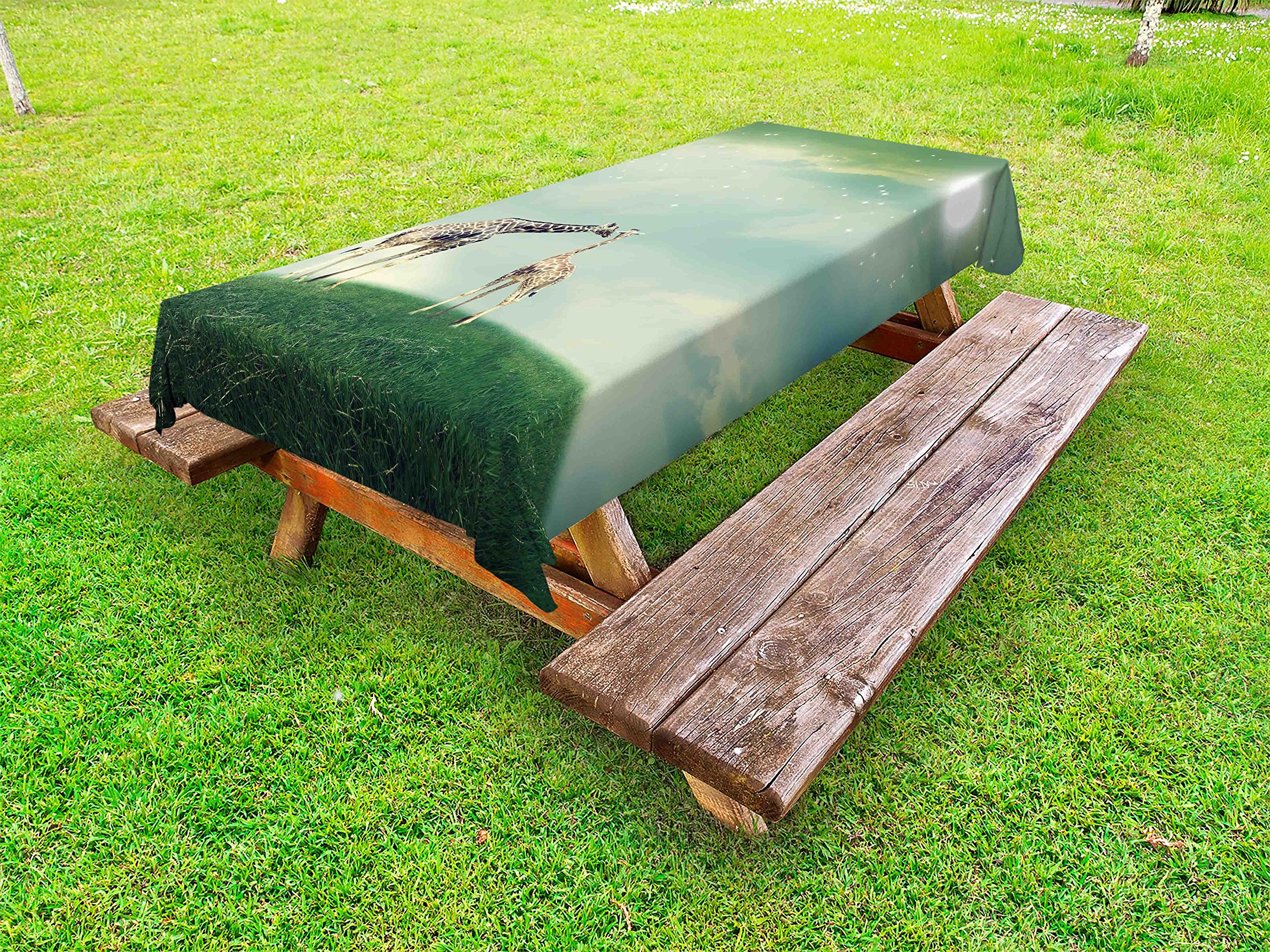 Ambesonne Giraffe Print Outdoor Tablecloth - Waterproof Washable Picnic Table Cover 58x120 Inches - Mother Giraffe & Calf Meadow Scene with Stars & Moon Design - Perfect for Backyard BBQs, Picnics, and Outdoor Dining Decor