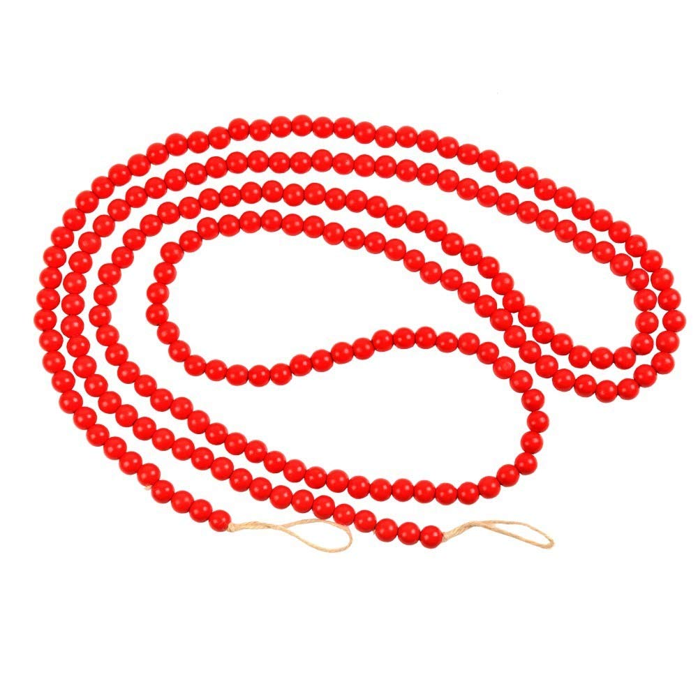 Bright Red Wooden Bead Garland - 4.6ft Christmas Tree Decoration for Holiday Home Decor, Xmas Party & Festive Mantel Display