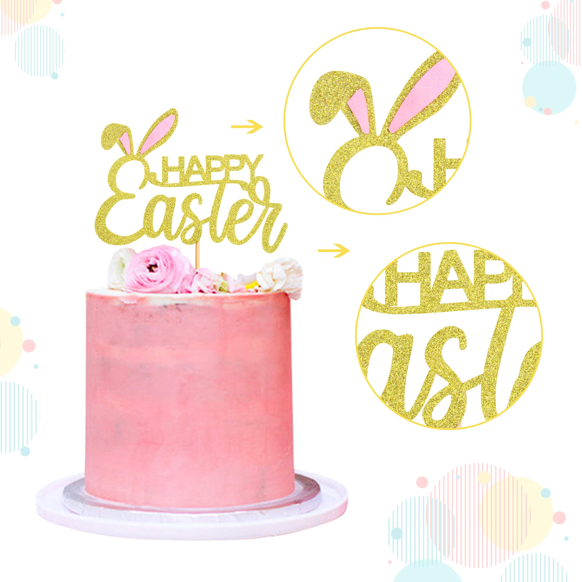 Happy Easter Cake Topper - 1 Pack Bunny Ear Gold Glitter Cake Picks for Easter Theme Party Decorations | Perfect for Easter Cakes, Cupcakes, Desserts & Holiday Celebrations