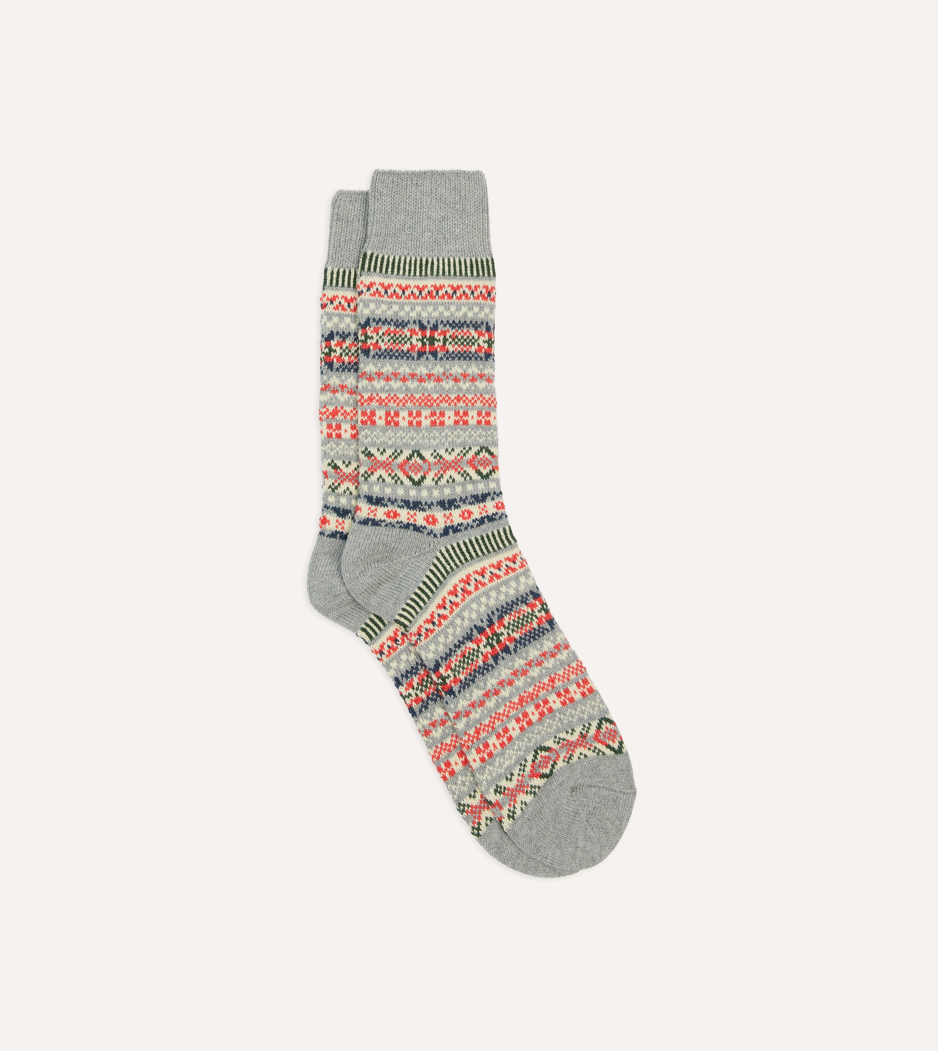 RoToTo Grey Cotton Fair Isle Socks for Men & Women - Warm Winter Knit Socks with Nordic Pattern - Perfect for Hiking, Snow Boots and Cozy Home Wear