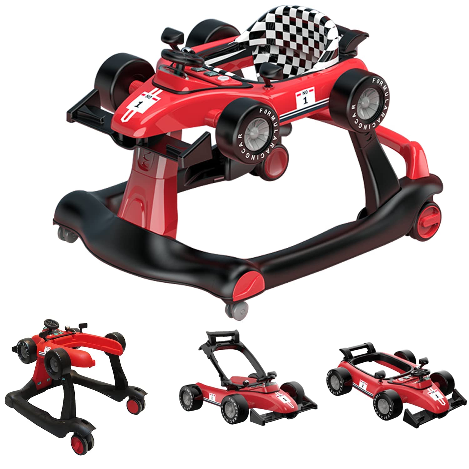 4-in-1 Foldable Baby Walker with Adjustable Height & Speed | Interactive Activity Walker with Music, Lights & Steering Wheel | Safe Push Walker Toy for Boys & Girls 6-18 Months (Red) | Perfect for Learning to Walk & Indoor Playtime