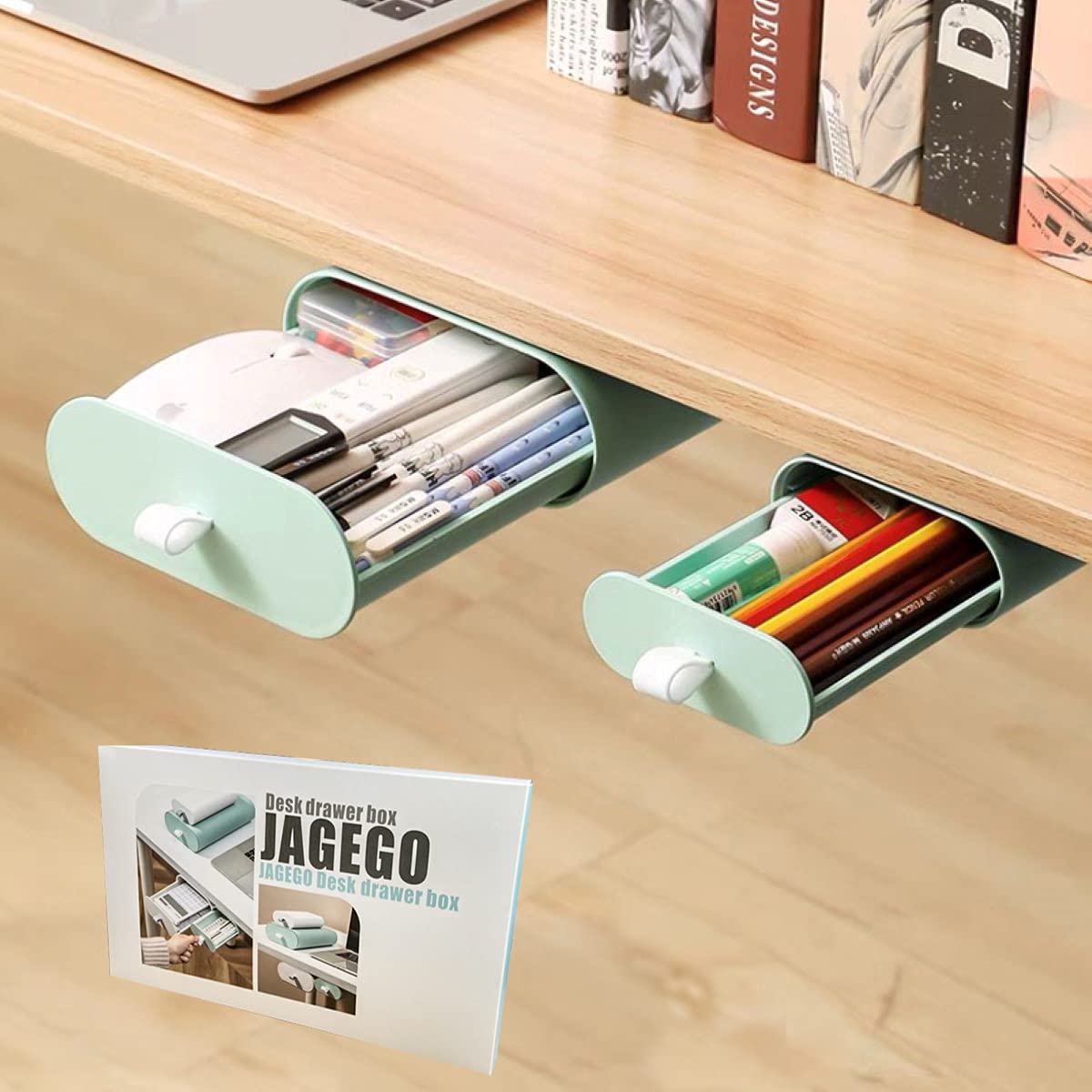 JAGEGO Under Desk Drawer Organizer [2 Pack, Large+Small] - Hidden Storage Drawer for Office, School & Home - Self-Adhesive Expandable Desk Tray (Green) - Perfect for Organizing Stationery, Files & Small Items Under Computer Tables